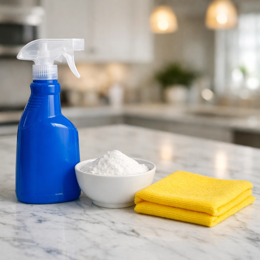 Baking soda and cleaning supplies ready for efficient weekly house cleaning MA in a luxury residence.