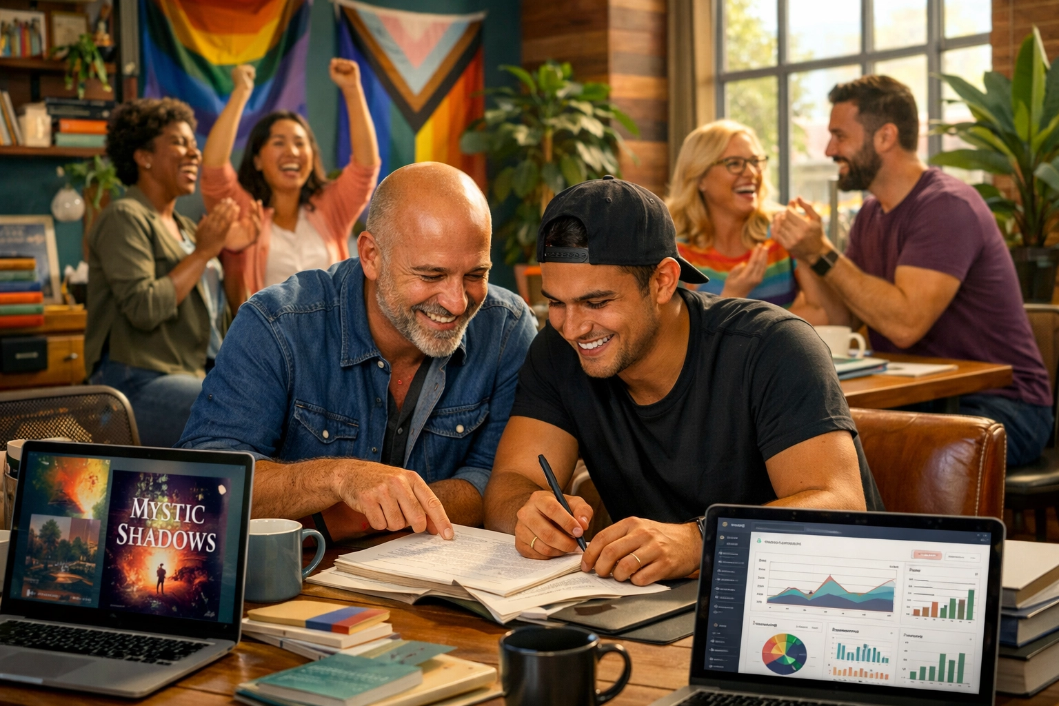 Gay authors collaborating on MM romance manuscripts with Read with Pride tools