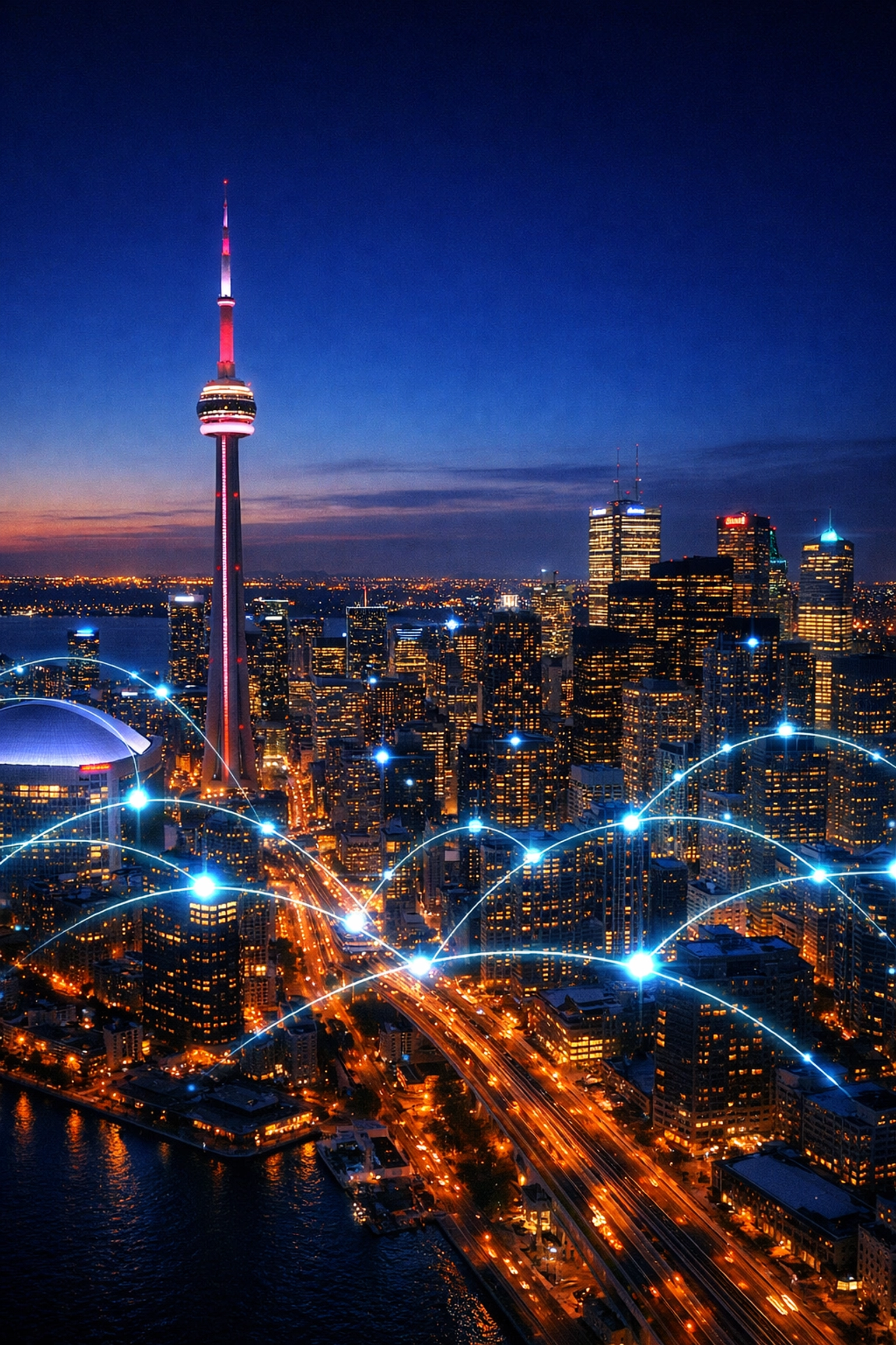 Digital connectivity network over the Toronto skyline at dusk representing local business visibility.