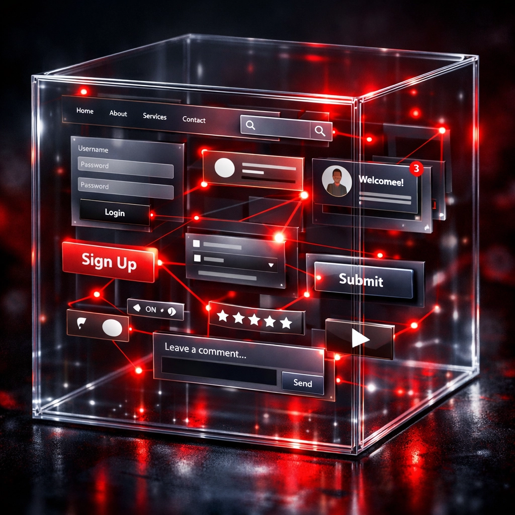 Interactive website elements including navigation, forms and buttons demonstrating user experience design