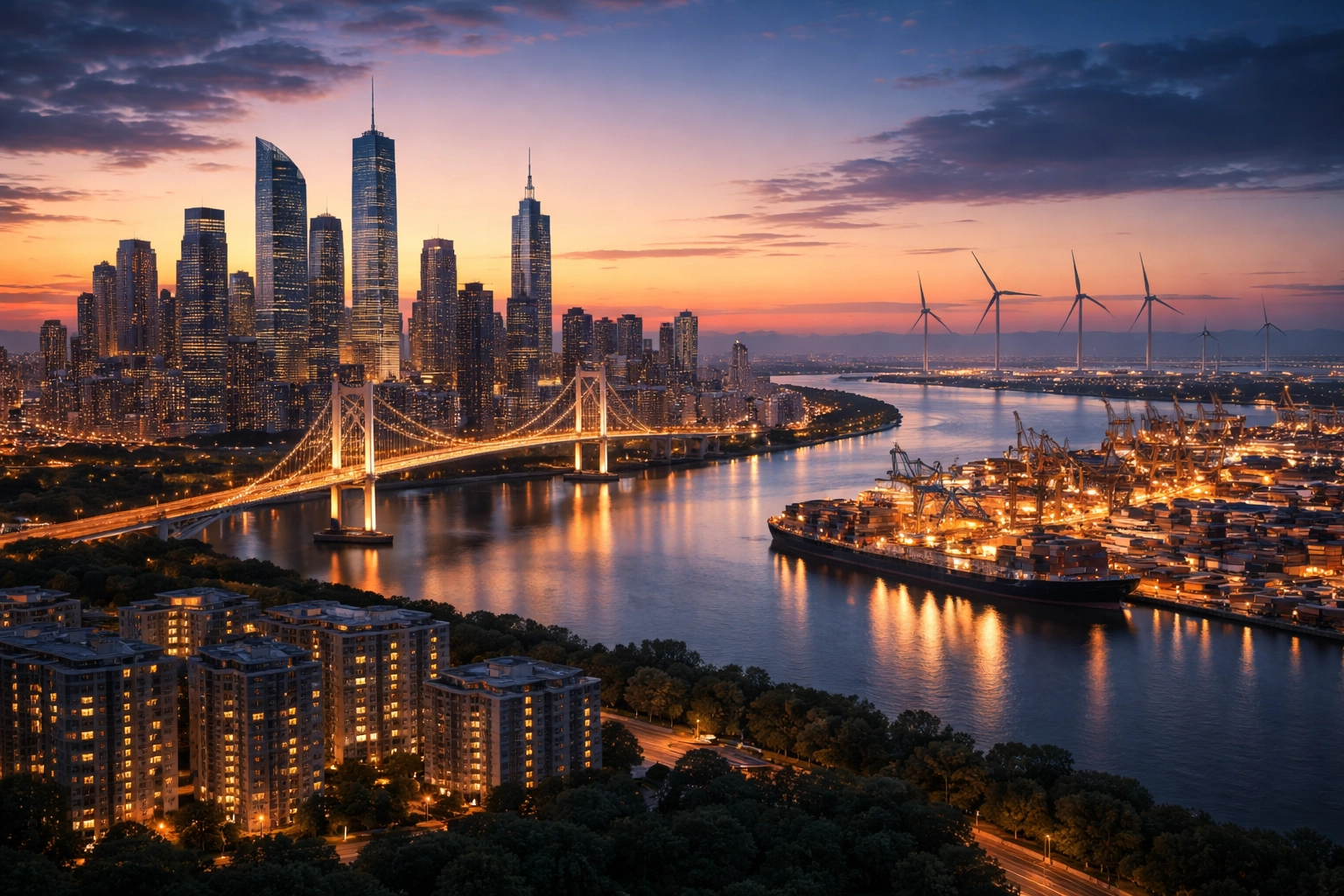 City skyline at sunset highlighting infrastructure assets like buildings, bridges, and wind turbines for portfolio stability