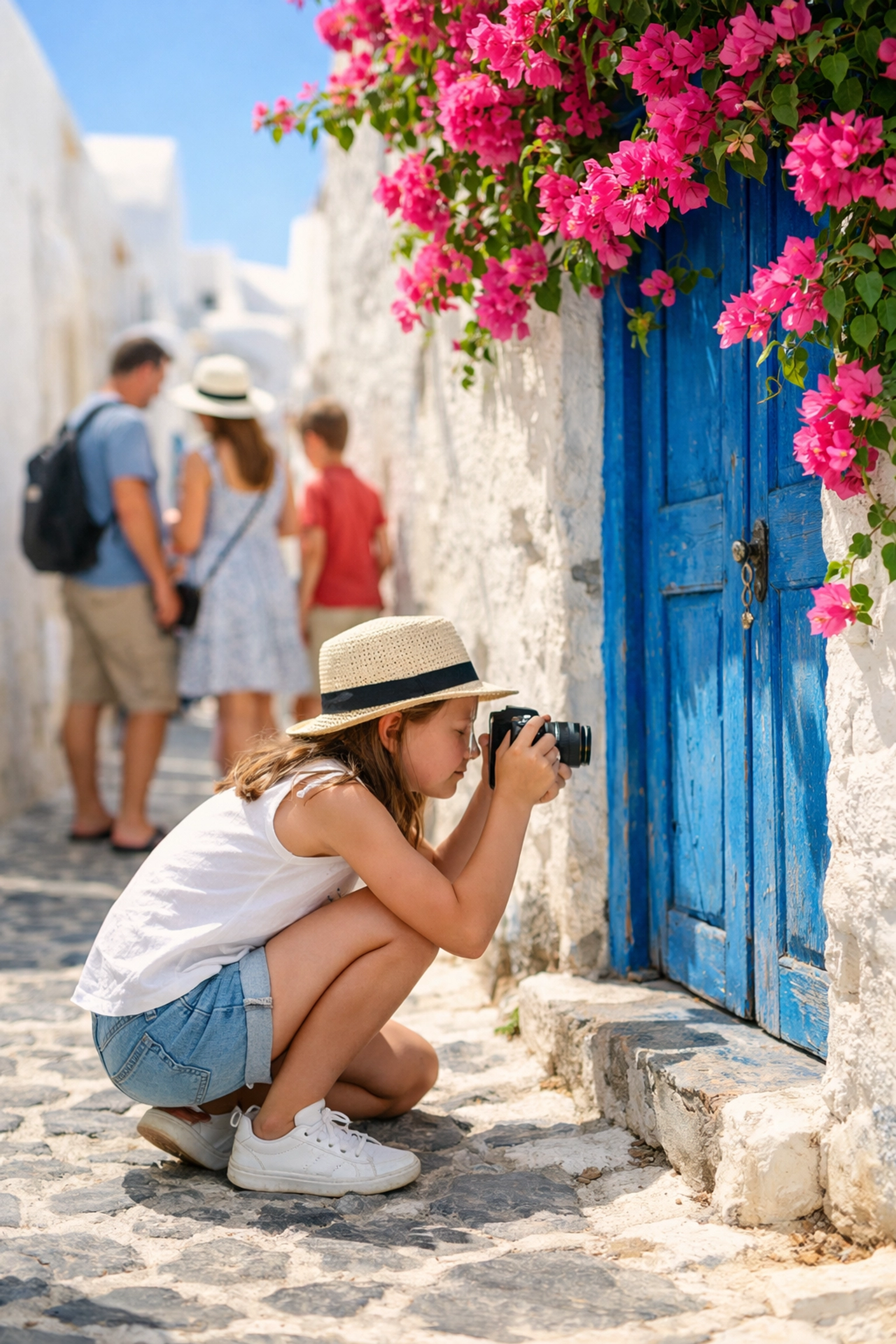 Young girl exploring best photography locations in Santorini during a family travel scavenger hunt.