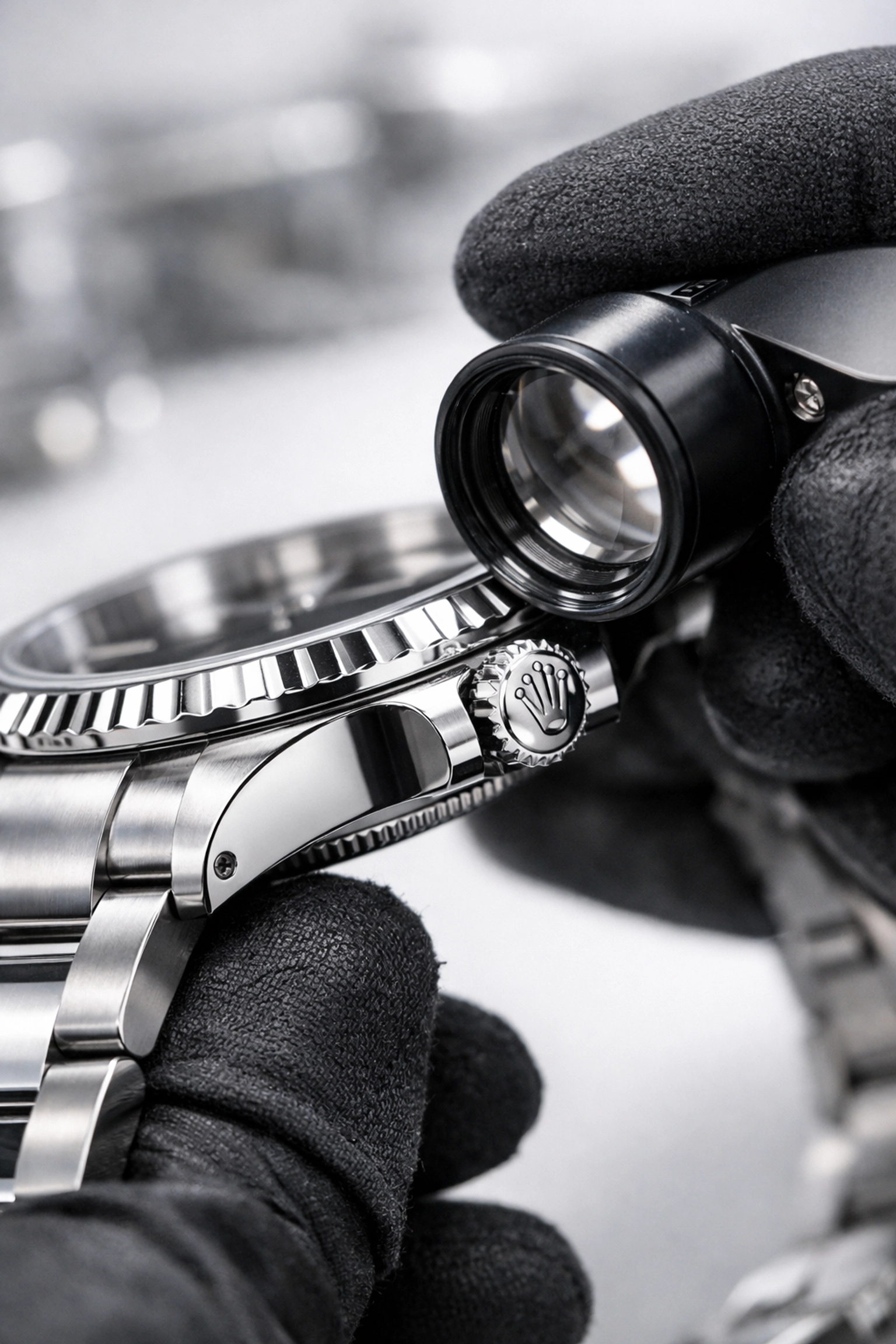 Expert inspecting Rolex watch condition with jeweler's loupe for accurate valuation