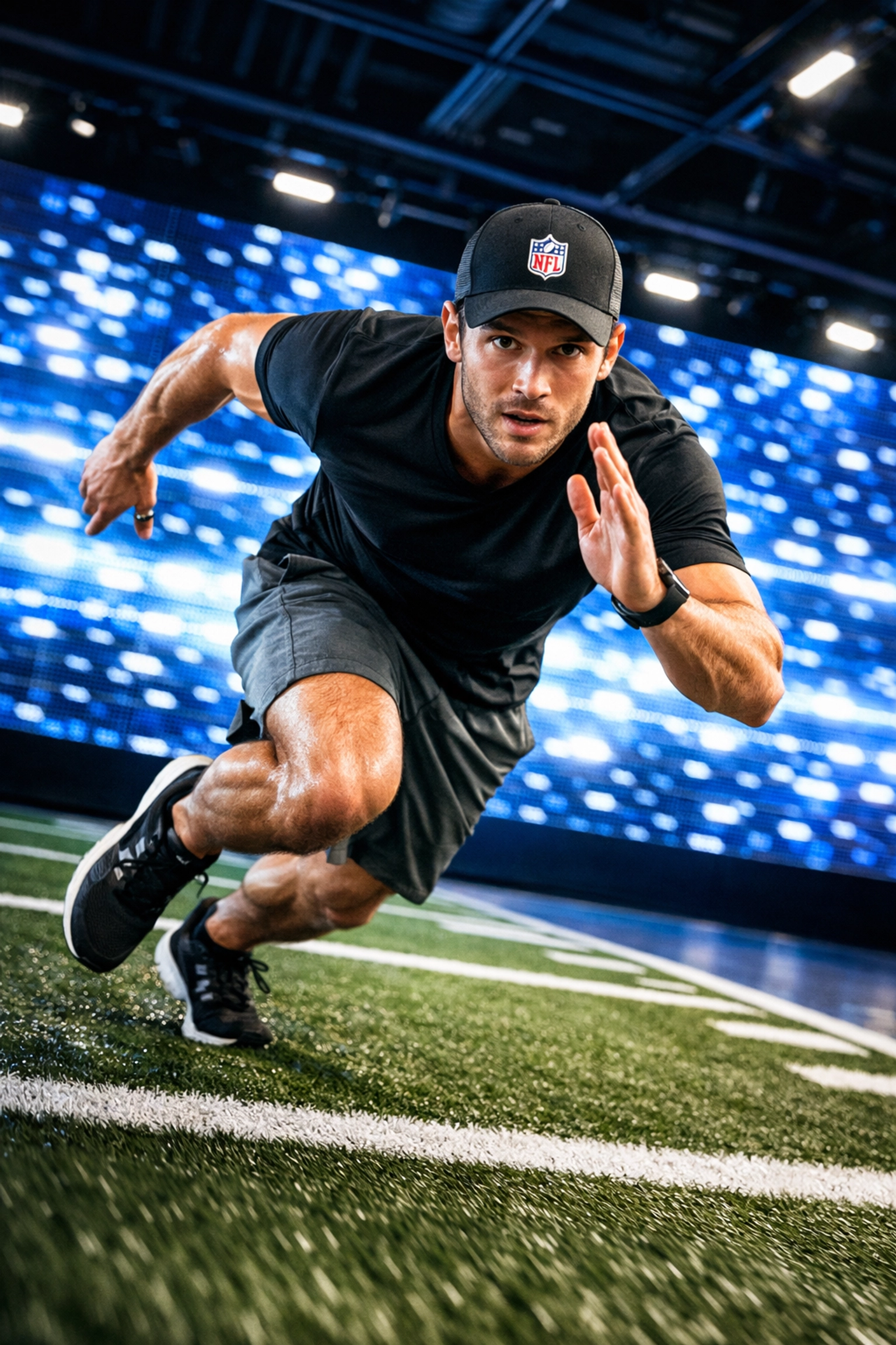 A fan sprints through an interactive football game at the Super Bowl 2026 experience festival.