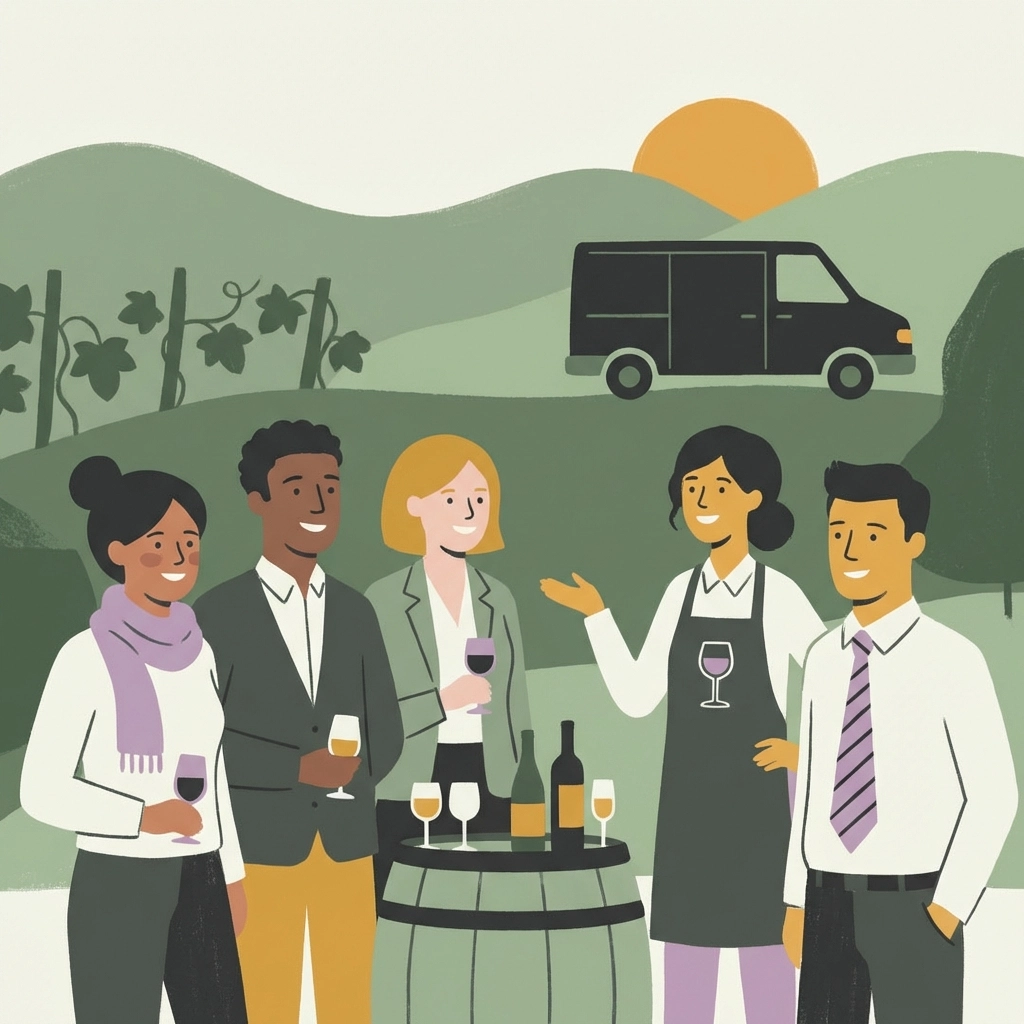 Diverse professionals enjoying a wine tasting at a vineyard, emphasizing team building on Virginia corporate wine tours.