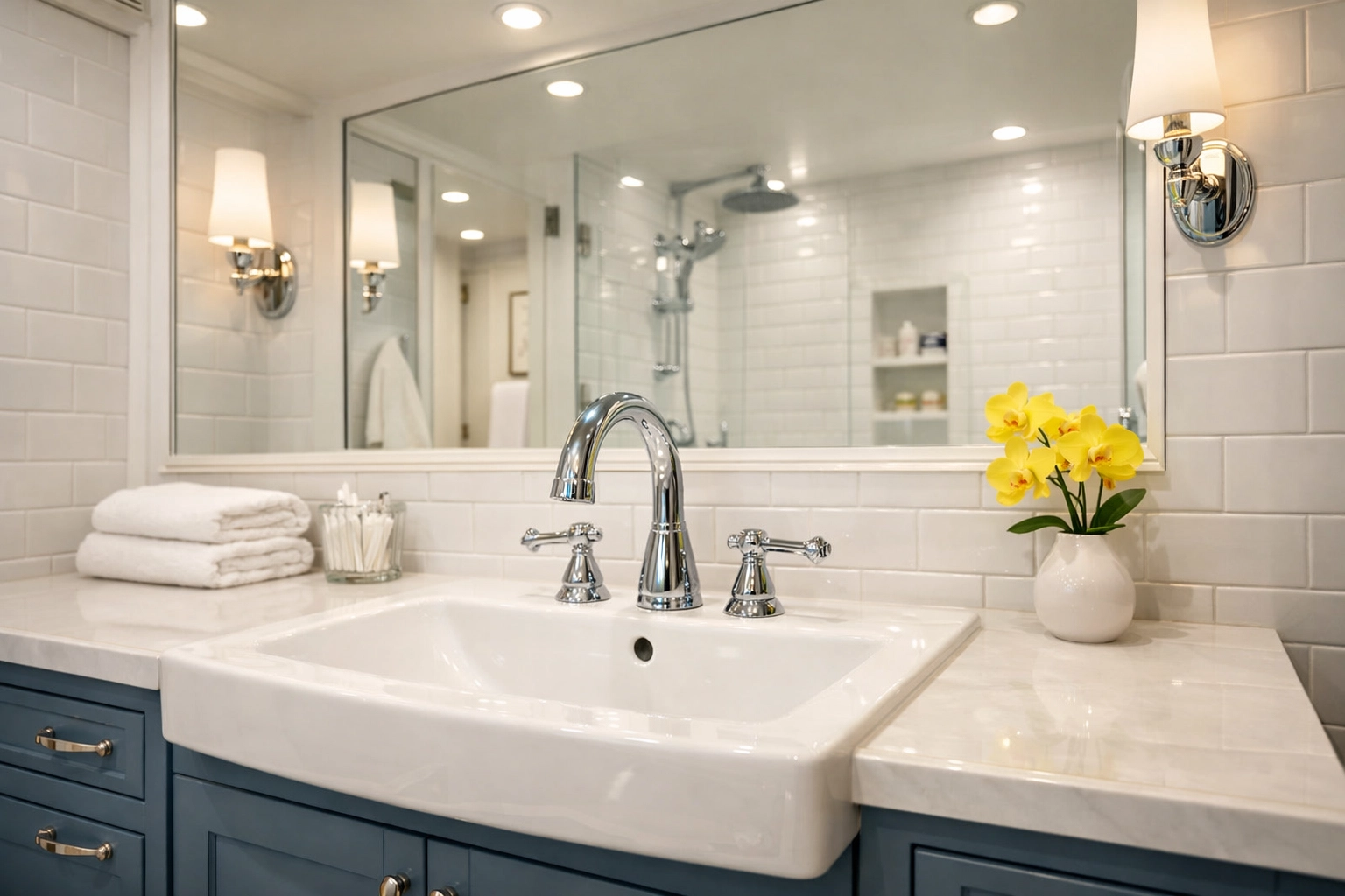 A clean luxury bathroom sink after a weekly house cleaning service by professionals.