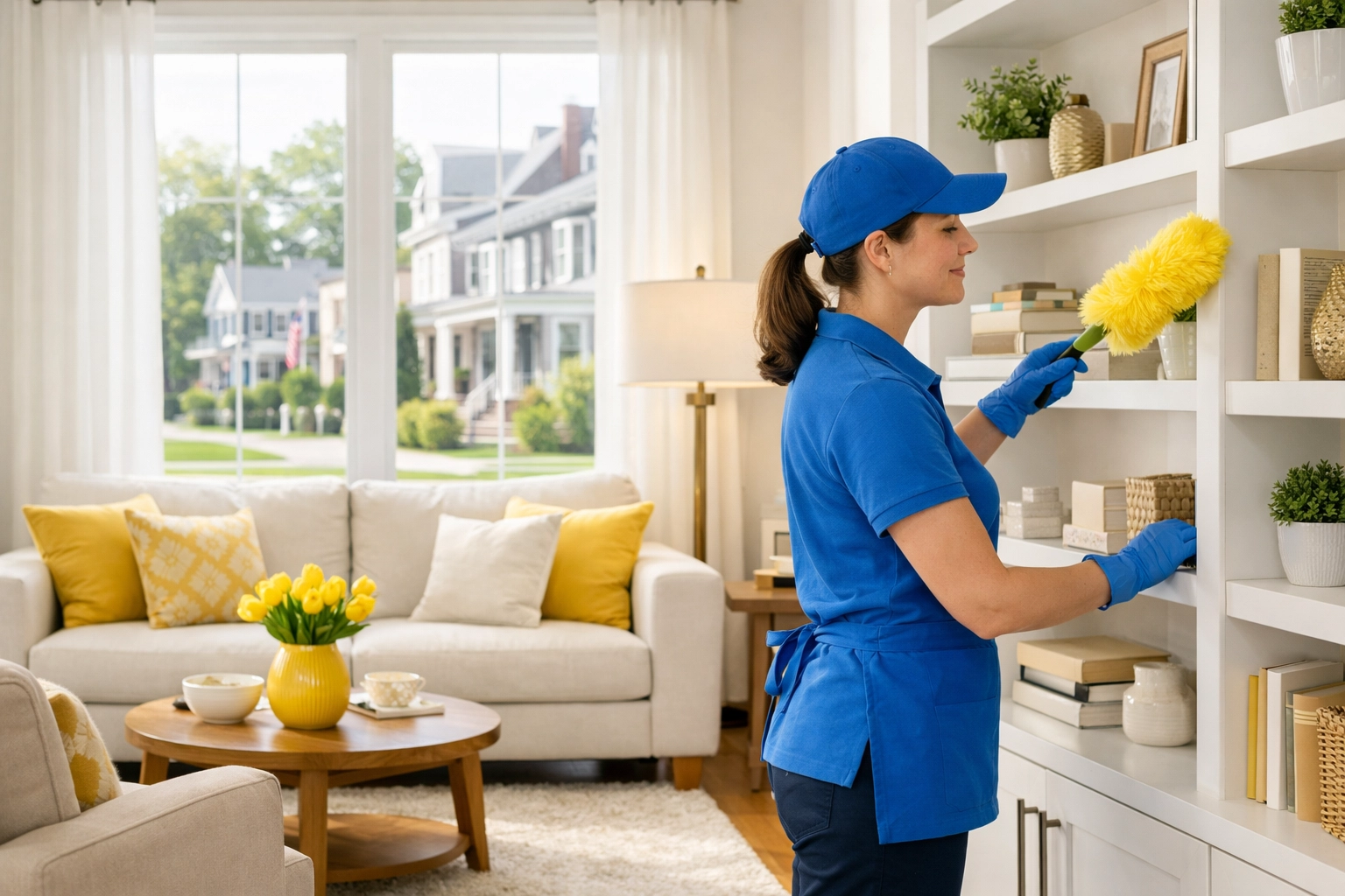Professional maid service Worcester cleaner dusting a modern living room for expert house cleaning Worcester MA.