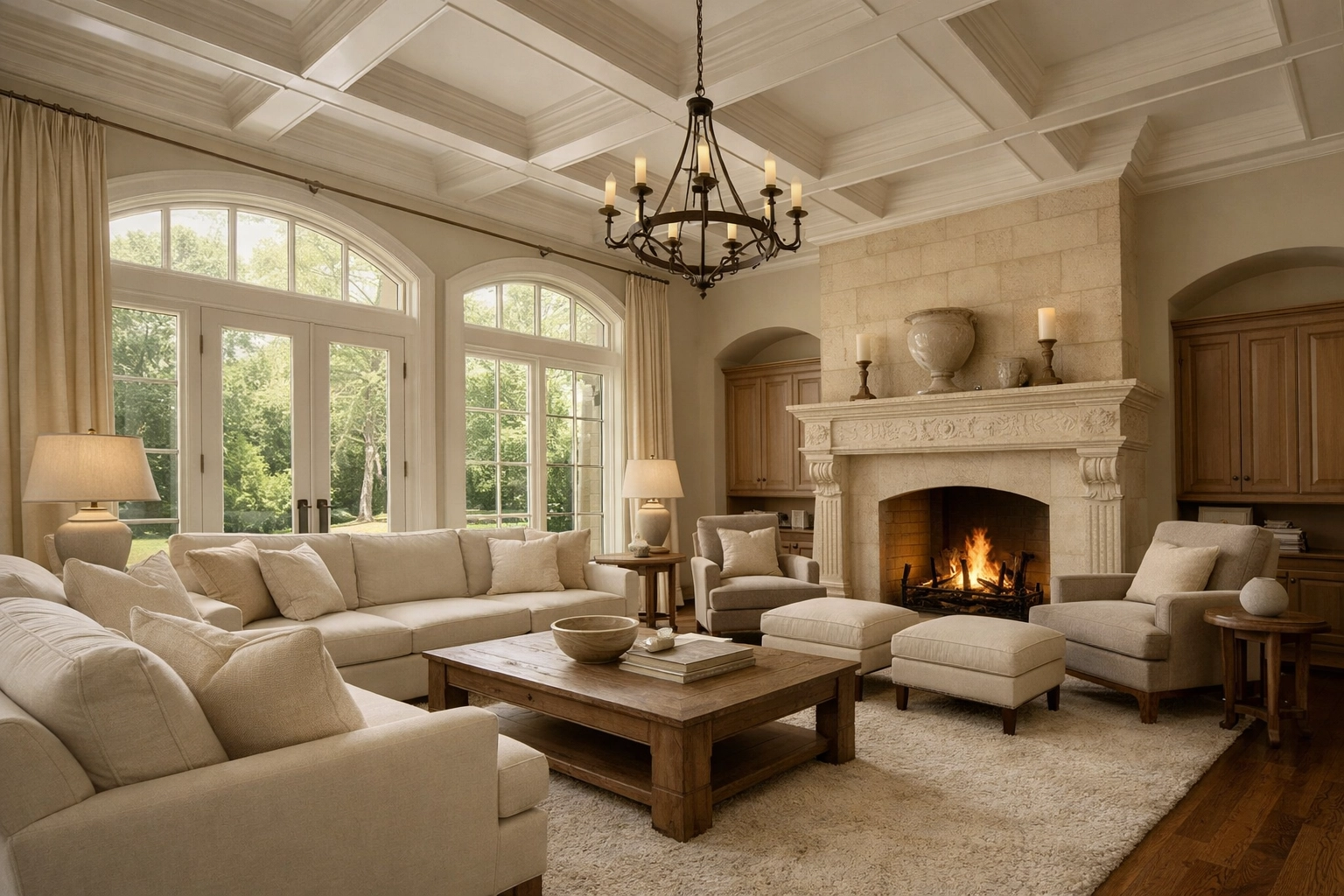 Elegant custom Great Room with a limestone fireplace and coffered ceilings by a premier Columbia SC home builder.
