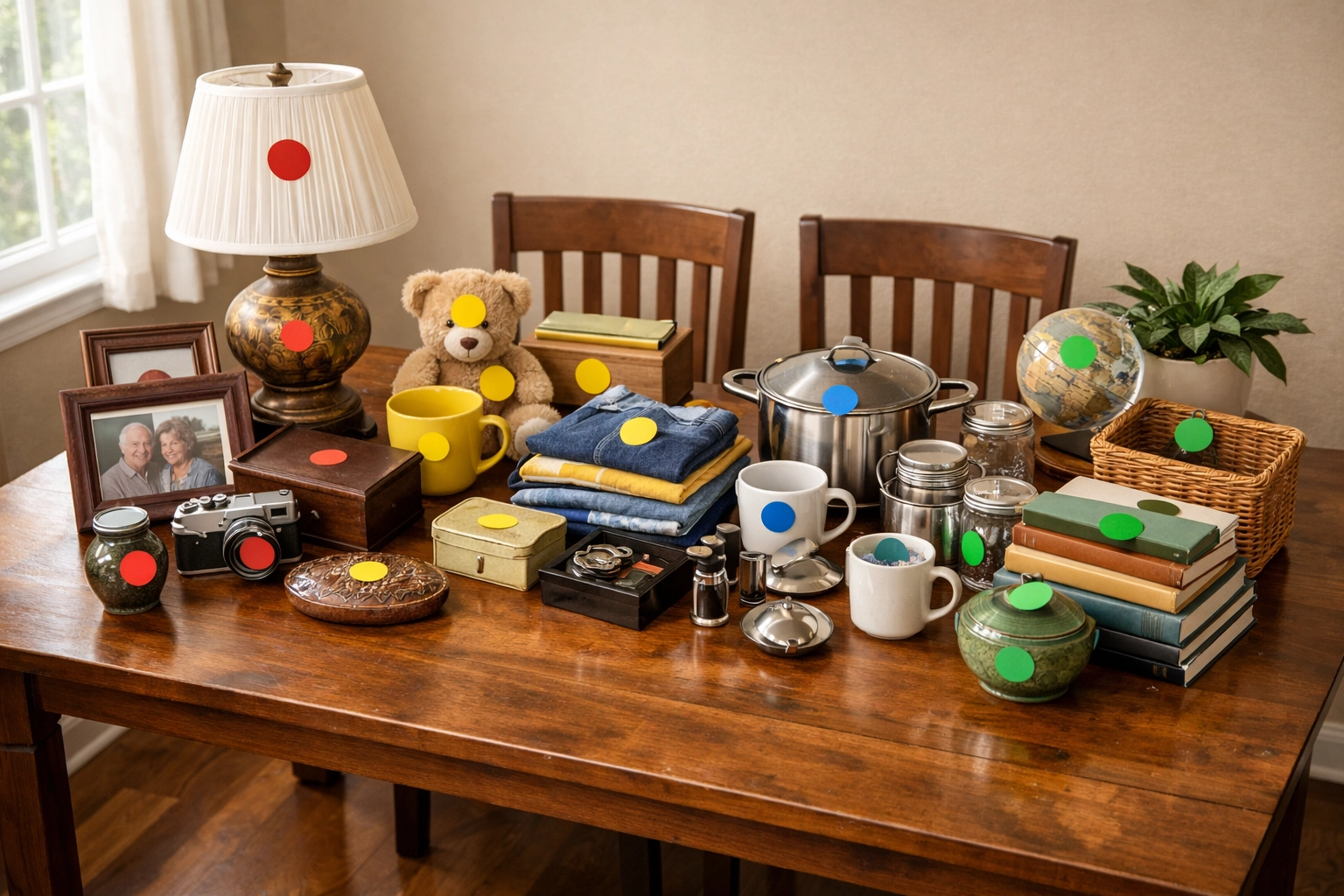 Organized home cleanout sorting system with color-coded stickers on household items in Columbus