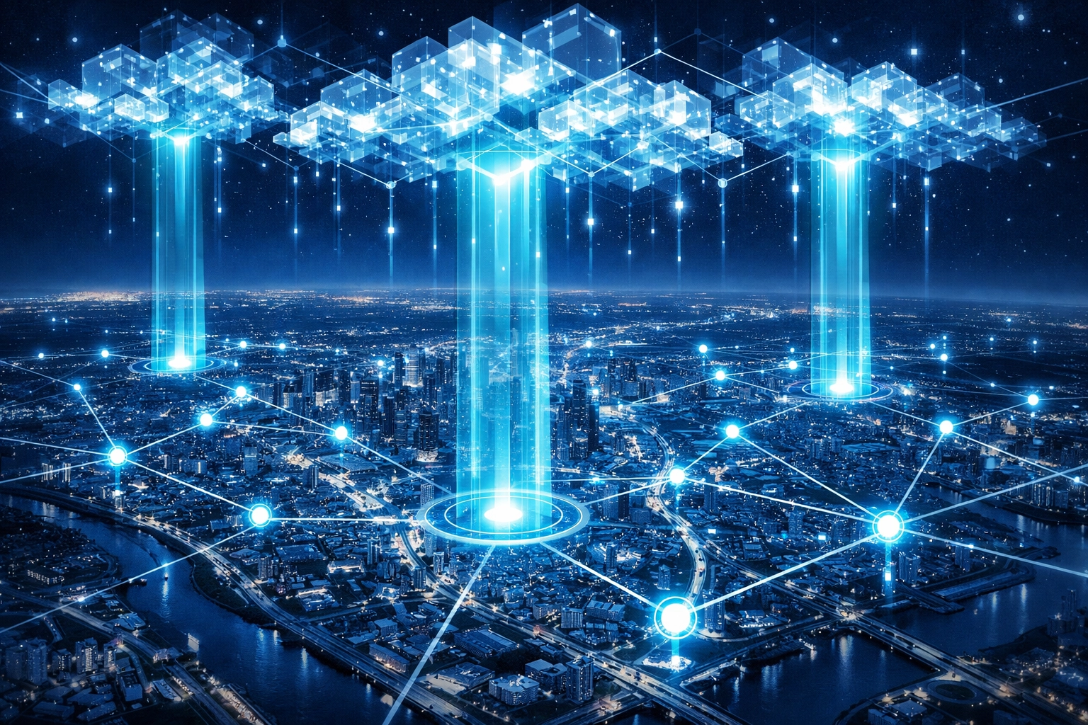 Digital map showing multi-location business visibility through automated AI data signals.