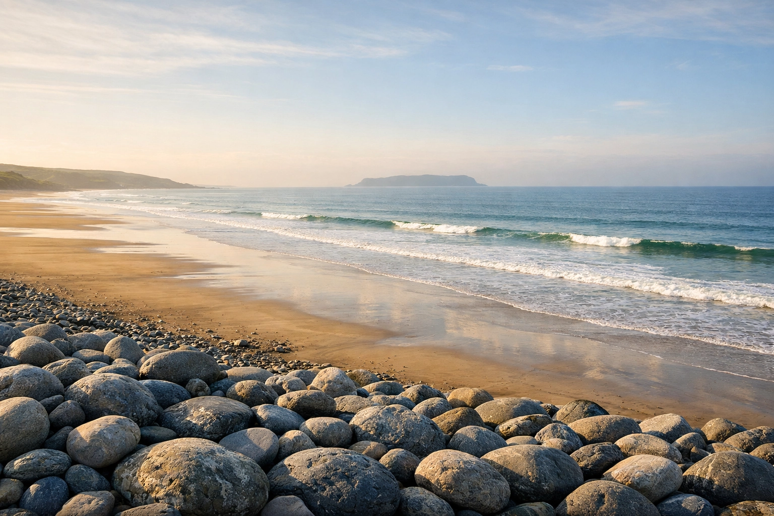 Panoramic view of Pebble Ridge at Westward Ho! beach, a peaceful location for scattering ashes in Devon.