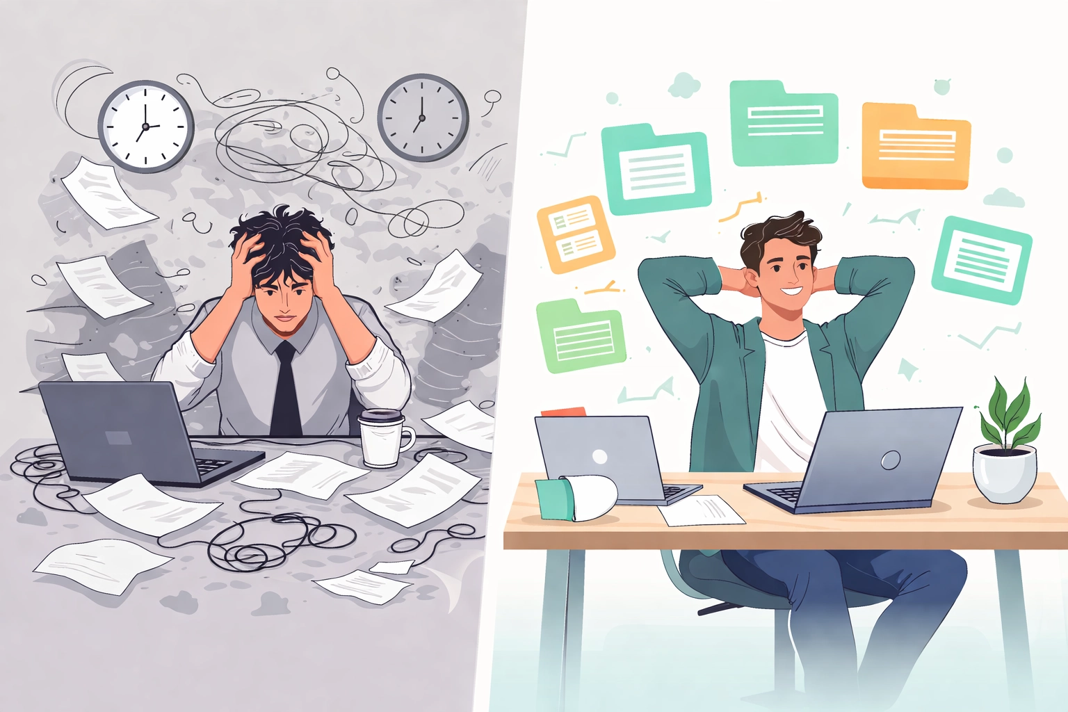 Split illustration comparing stressed traditional marketer to relaxed user with organized affiliate resources