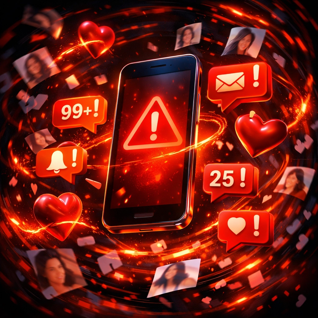 Smartphone overwhelmed with dating app notifications showing digital dating anxiety and stress