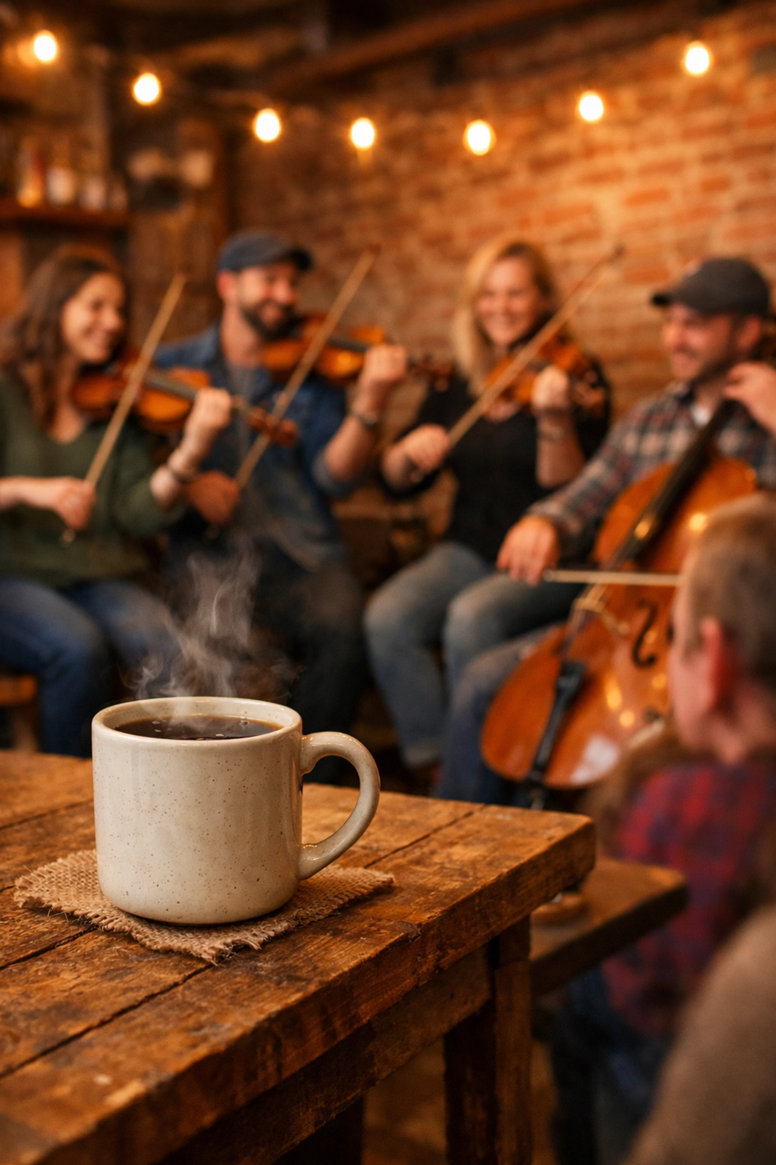 Summerville Orchestra musicians performing a casual Encore Series concert at a local coffee shop.
