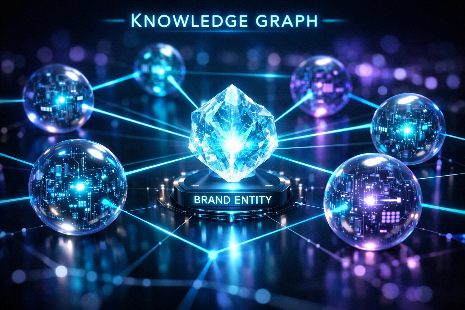 Digital knowledge graph representing brand entity relationships and interconnected data nodes for AI SEO optimization.