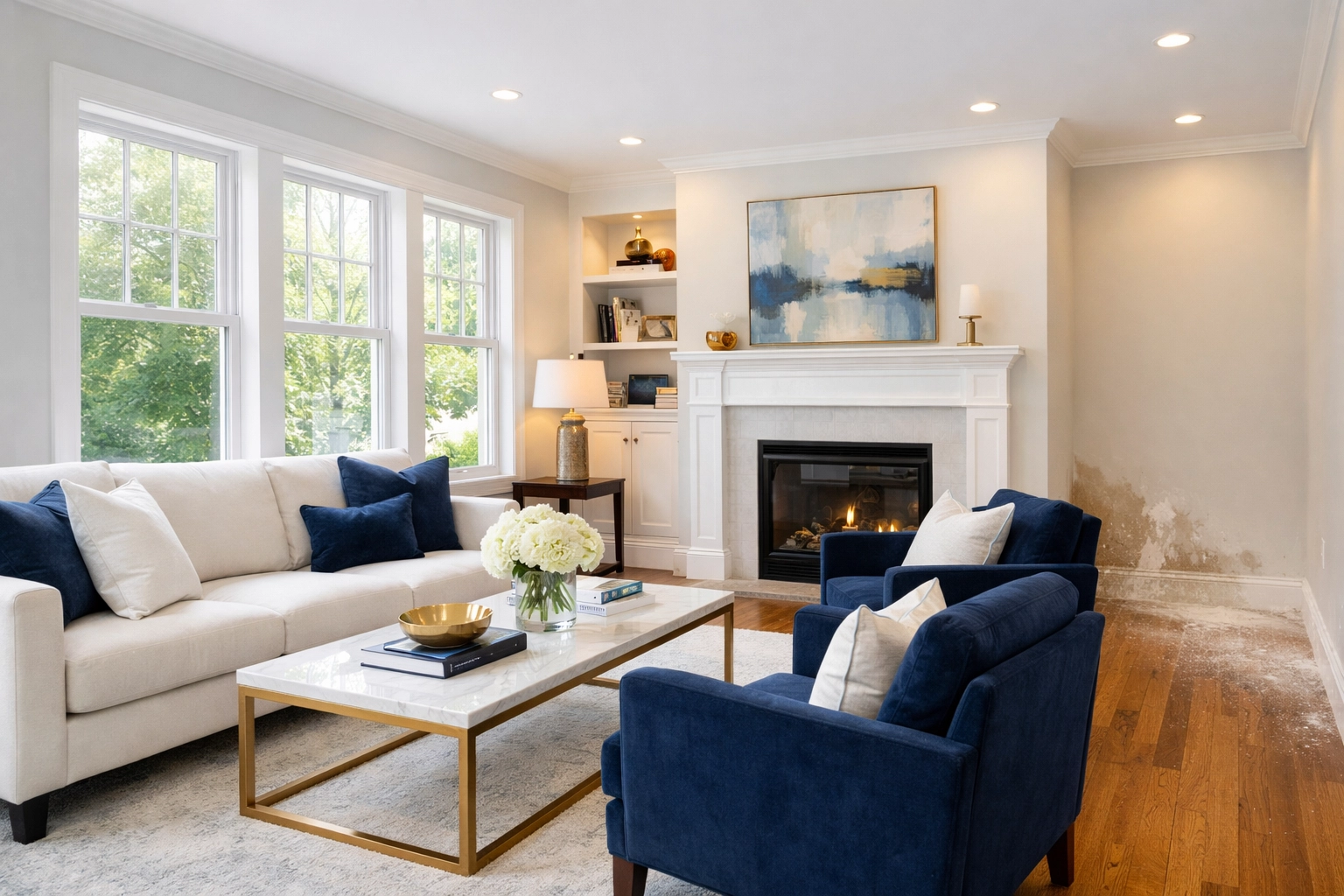 Sparkling luxury living room after thorough post construction cleaning Bedford showing dust-free hardwood floors.