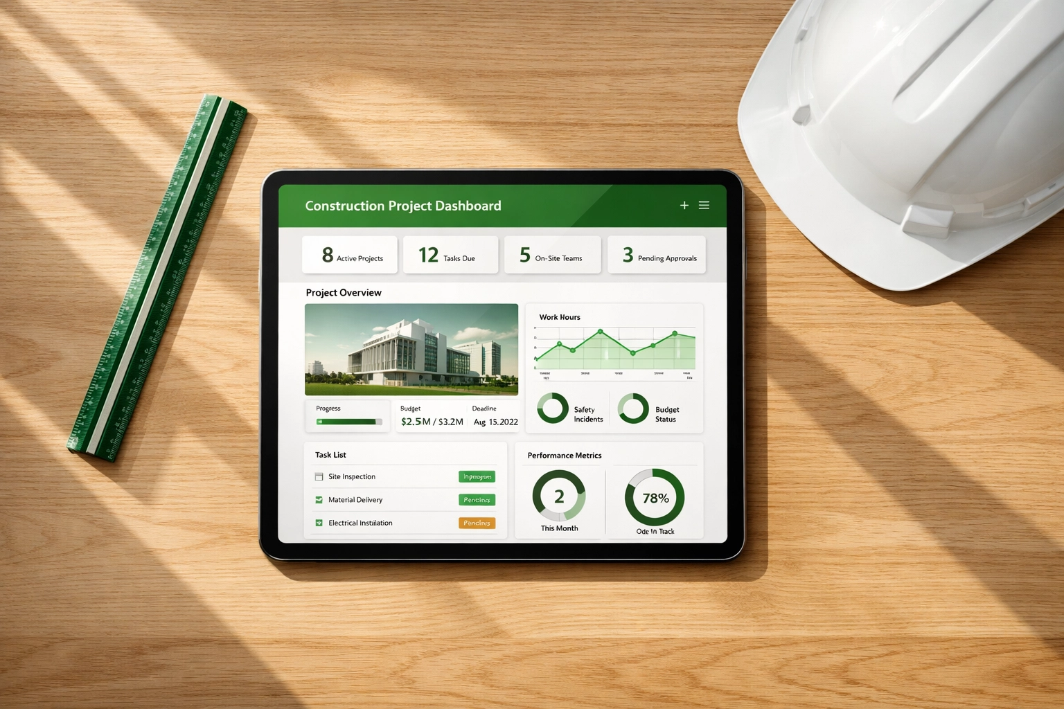 Contractor website design on a tablet beside a hard hat, illustrating professional digital maintenance services.