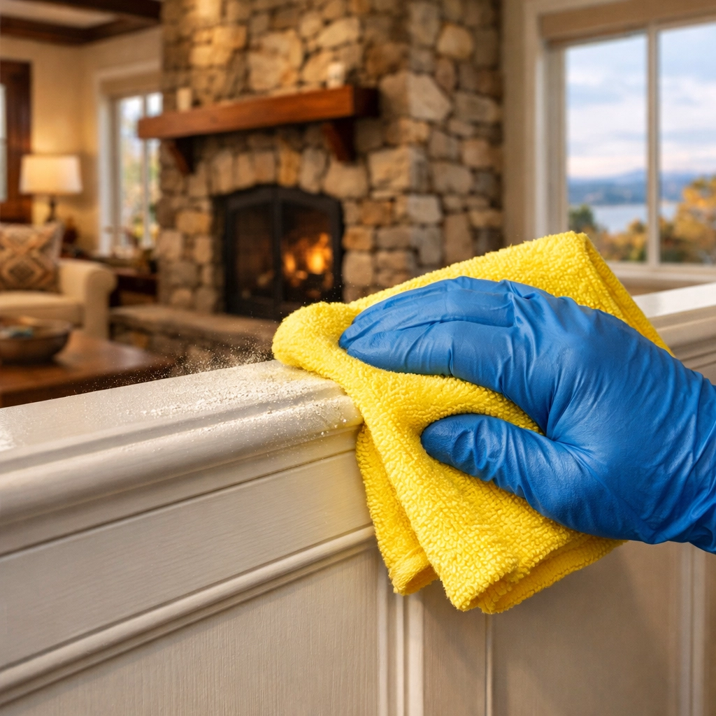 Detailed post construction cleaning in Franklin removing fine drywall dust from living room wainscoting.