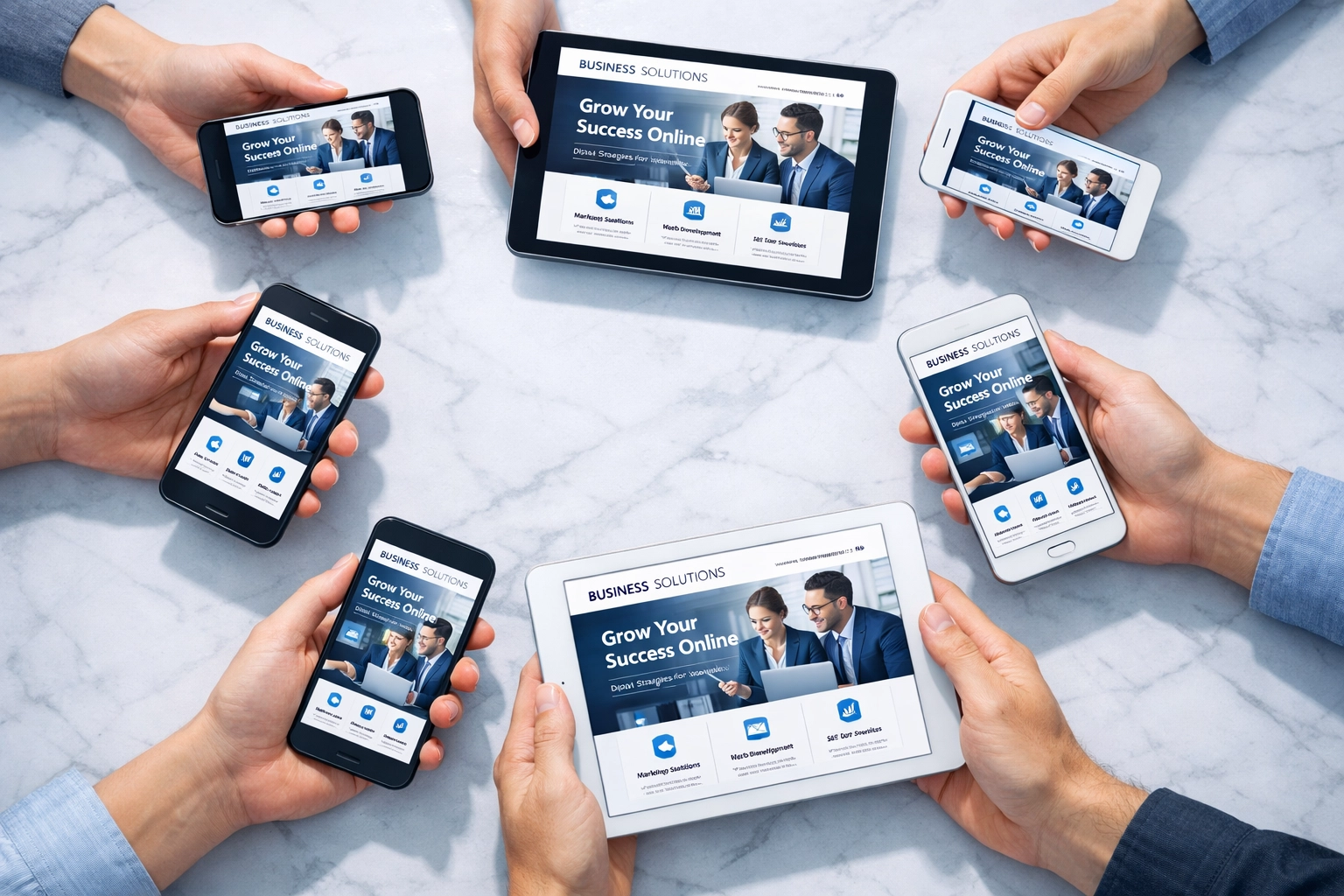 Responsive website design displayed across multiple mobile devices and tablets
