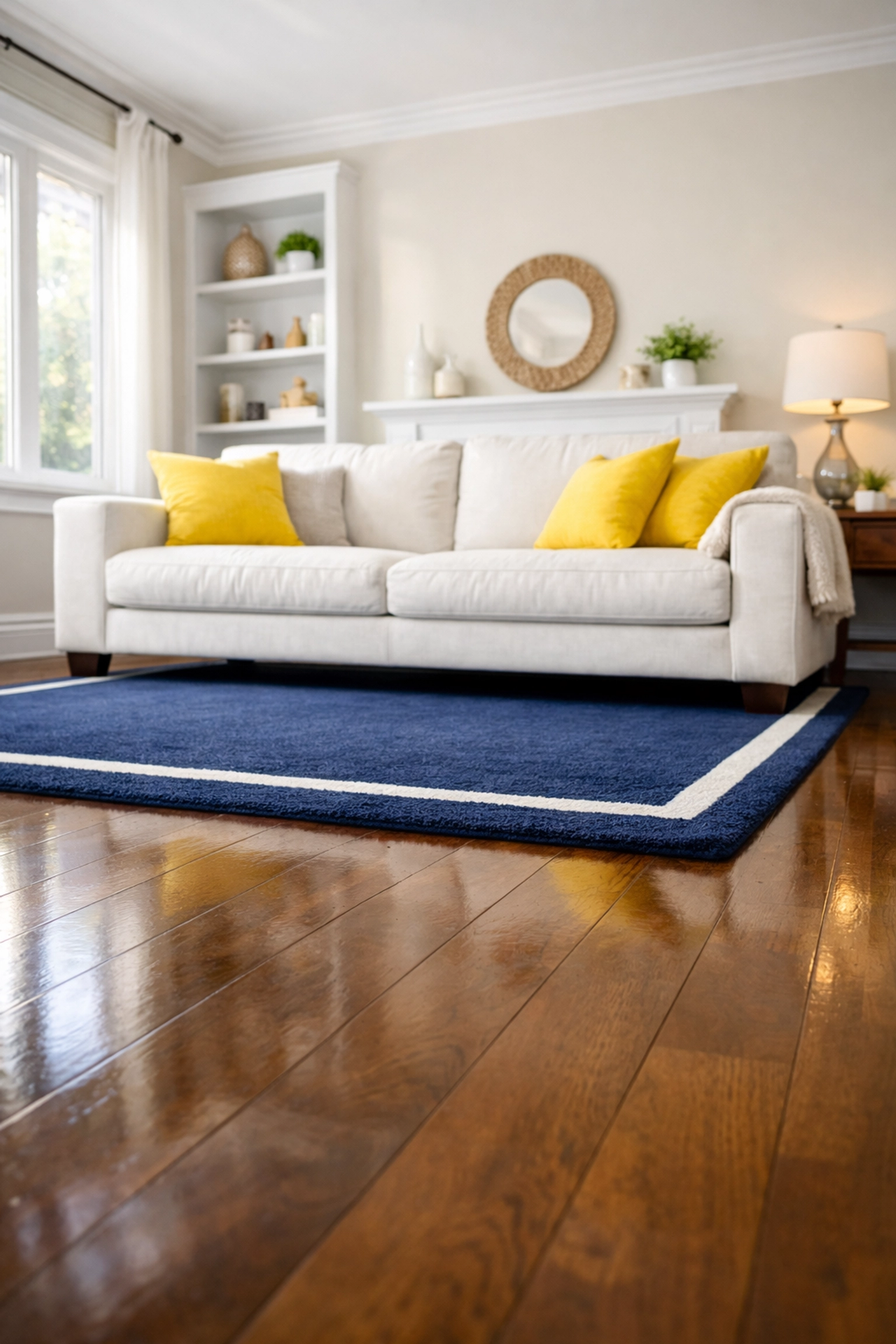 A serene, dust-free Massachusetts living room with clean hardwood floors after professional residential deep cleaning.