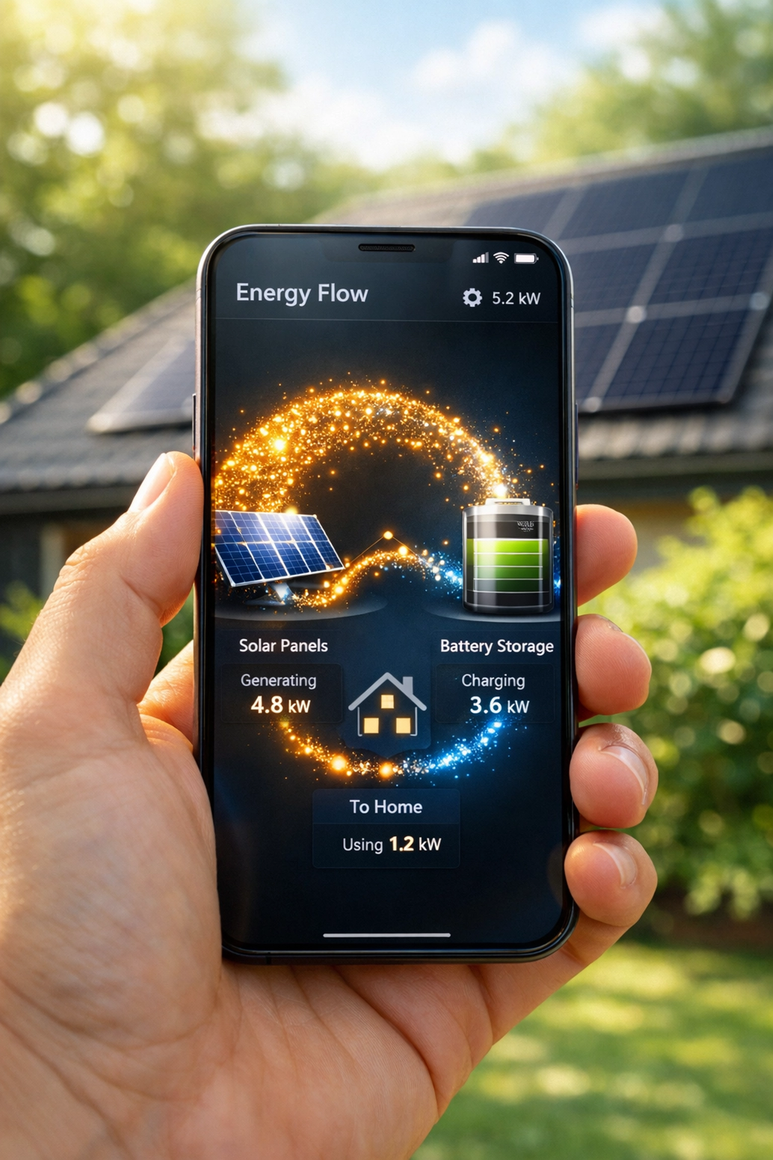 Real-time solar monitoring app showing energy flow from panels to home battery storage.