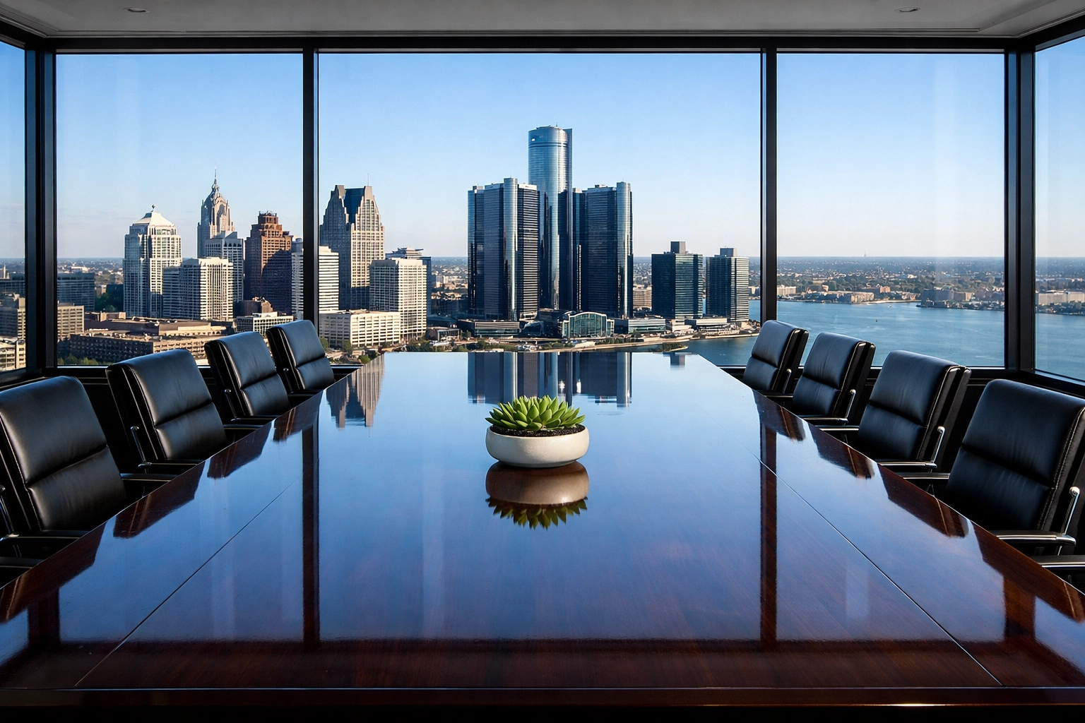 Professional Detroit office conference room with polished surfaces and high janitorial standards.