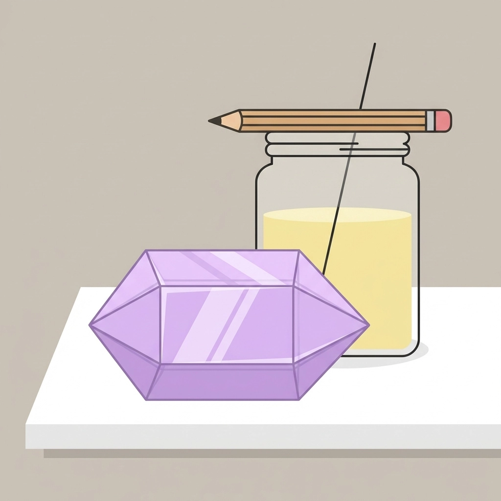 Large alum crystal growing on fishing line above a glass jar, showing home crystal creation project