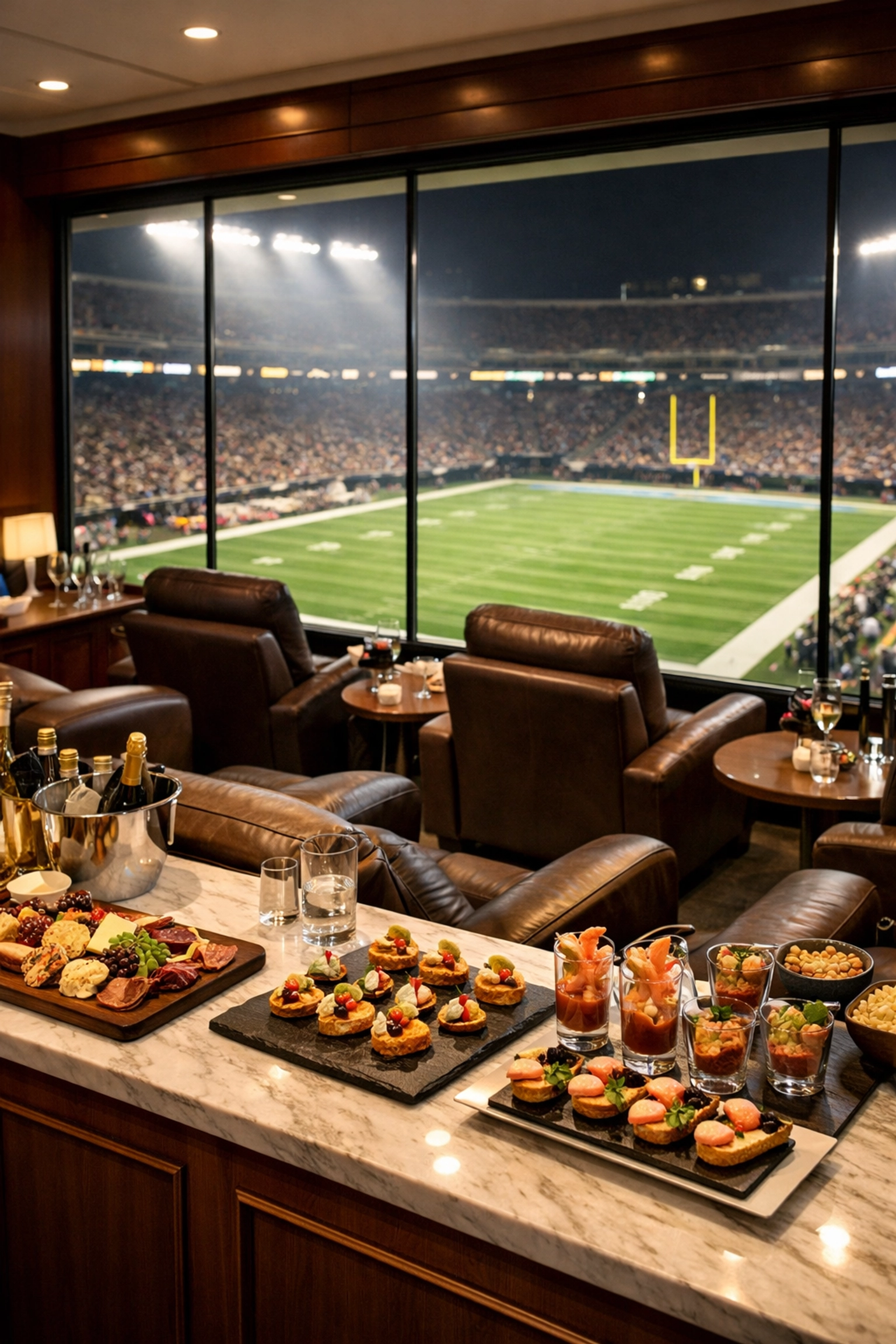 Luxury corporate stadium suite with premium seating and a field view for executive Super Bowl hosting.
