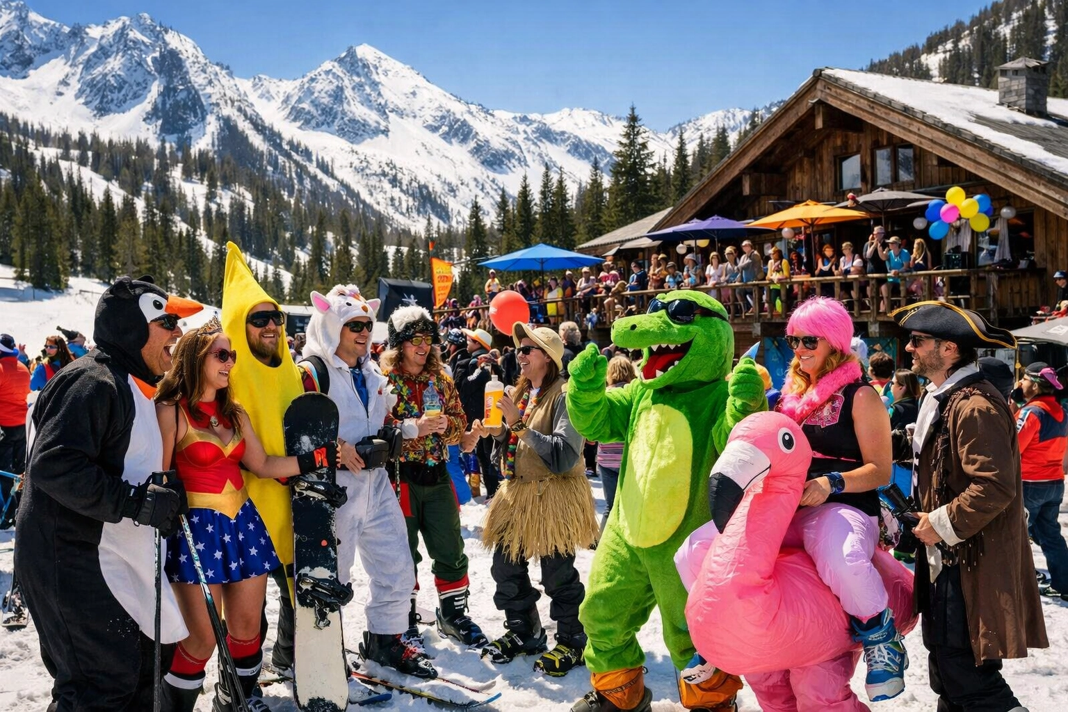 Costumed skiers celebrating at a sunny ski resort