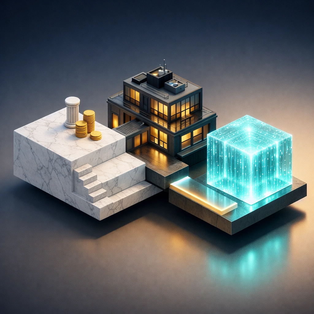 Three interconnected blocks representing traditional assets, private markets, and digital innovation in a diversified 2026 portfolio.