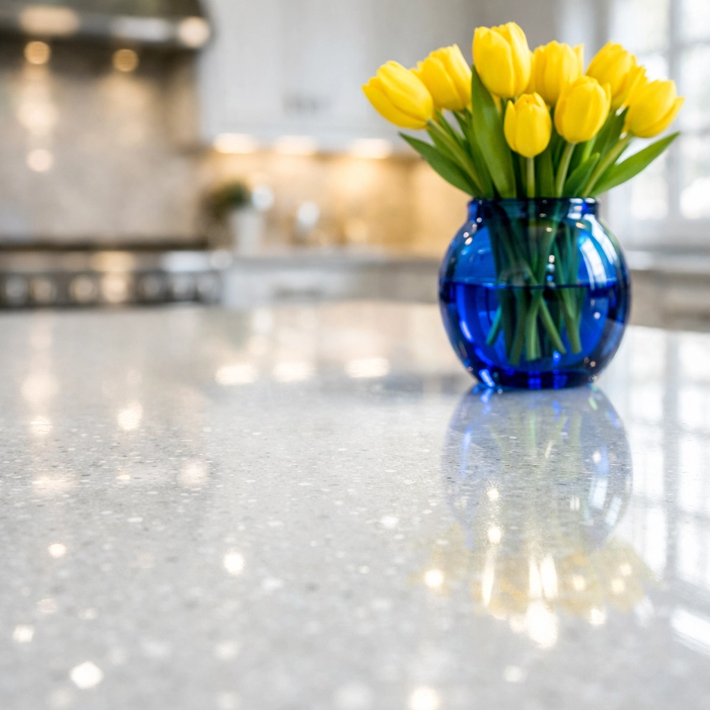 Sparkling quartz kitchen island showcasing professional move-out cleaning Cambridge for luxury residences.
