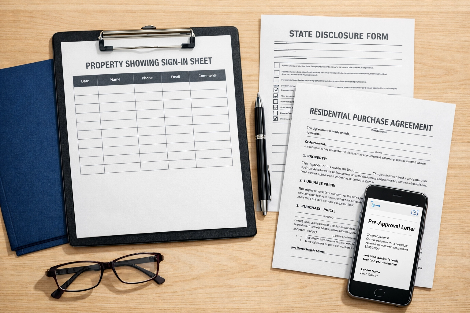 FSBO legal documents including buyer sign-in sheet, disclosure forms and purchase agreement contract