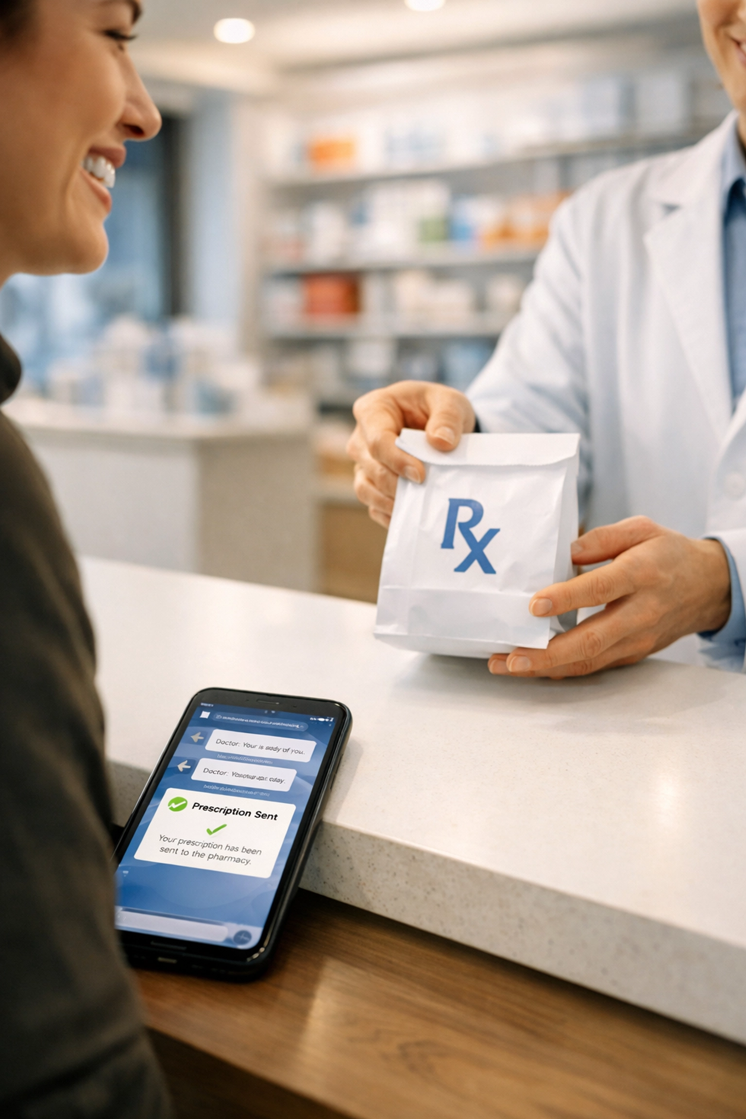 Patient picking up an affordable GLP-1 prescription at a local pharmacy after an online doctor consultation.