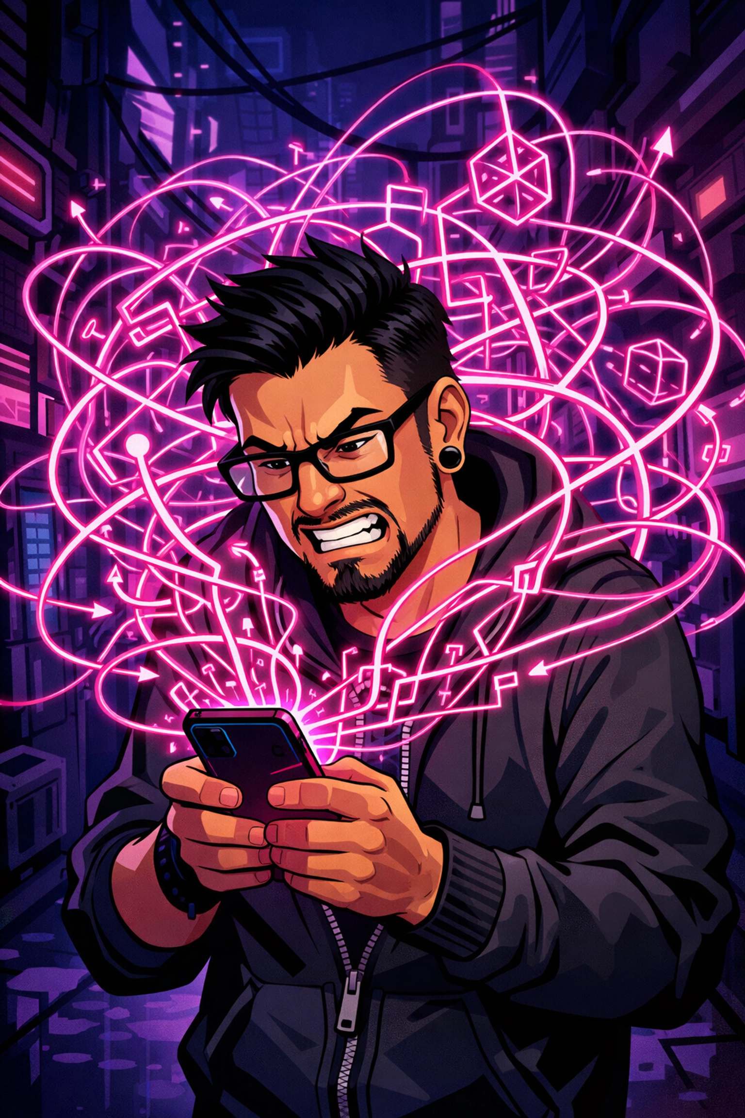 Matthew Elizondo looks frustrated while trapped in a digital maze of bank phone prompts.