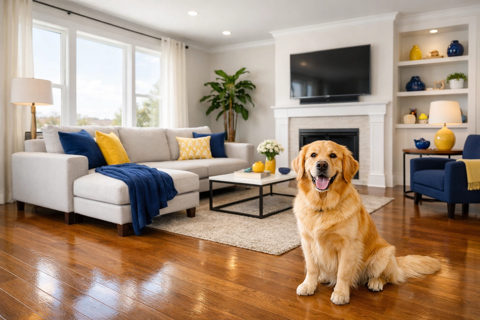 A spotless Fitchburg living room with a Golden Retriever sitting on fur-free hardwood floors.