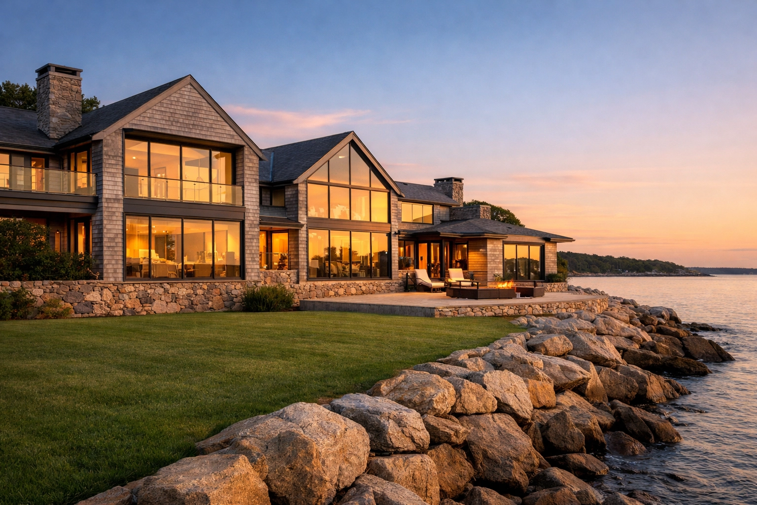 Luxury New England coastal estate at sunset illustrating high-value homeowners insurance risks.