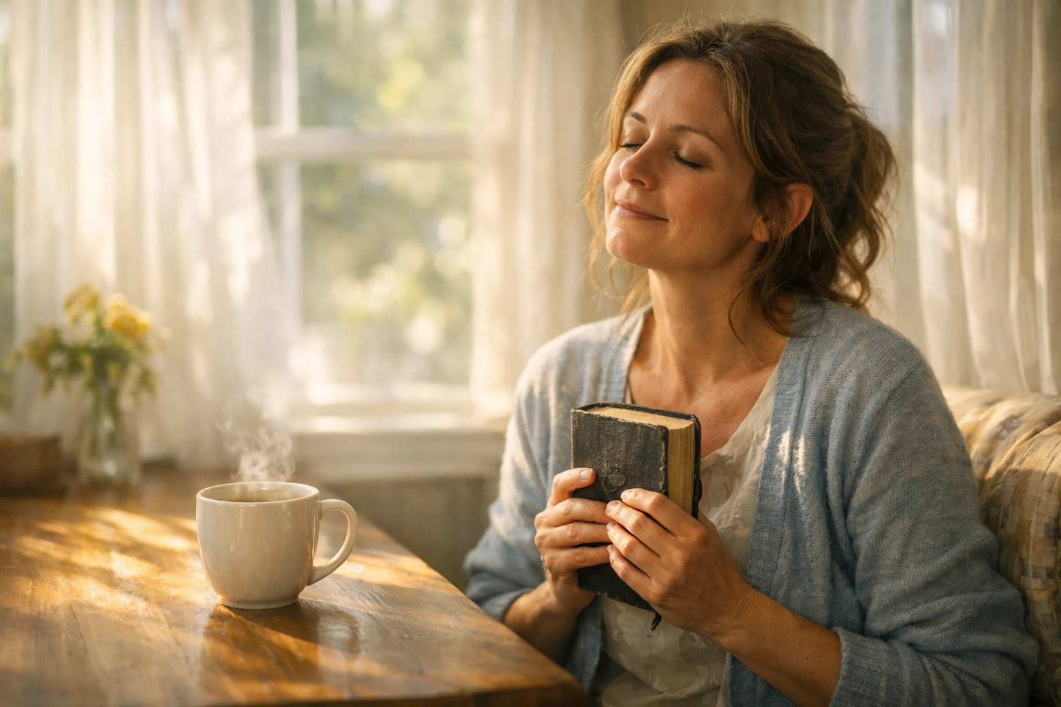 A peaceful caregiver finds rest in Jesus while reading her Bible in a sun-lit room.