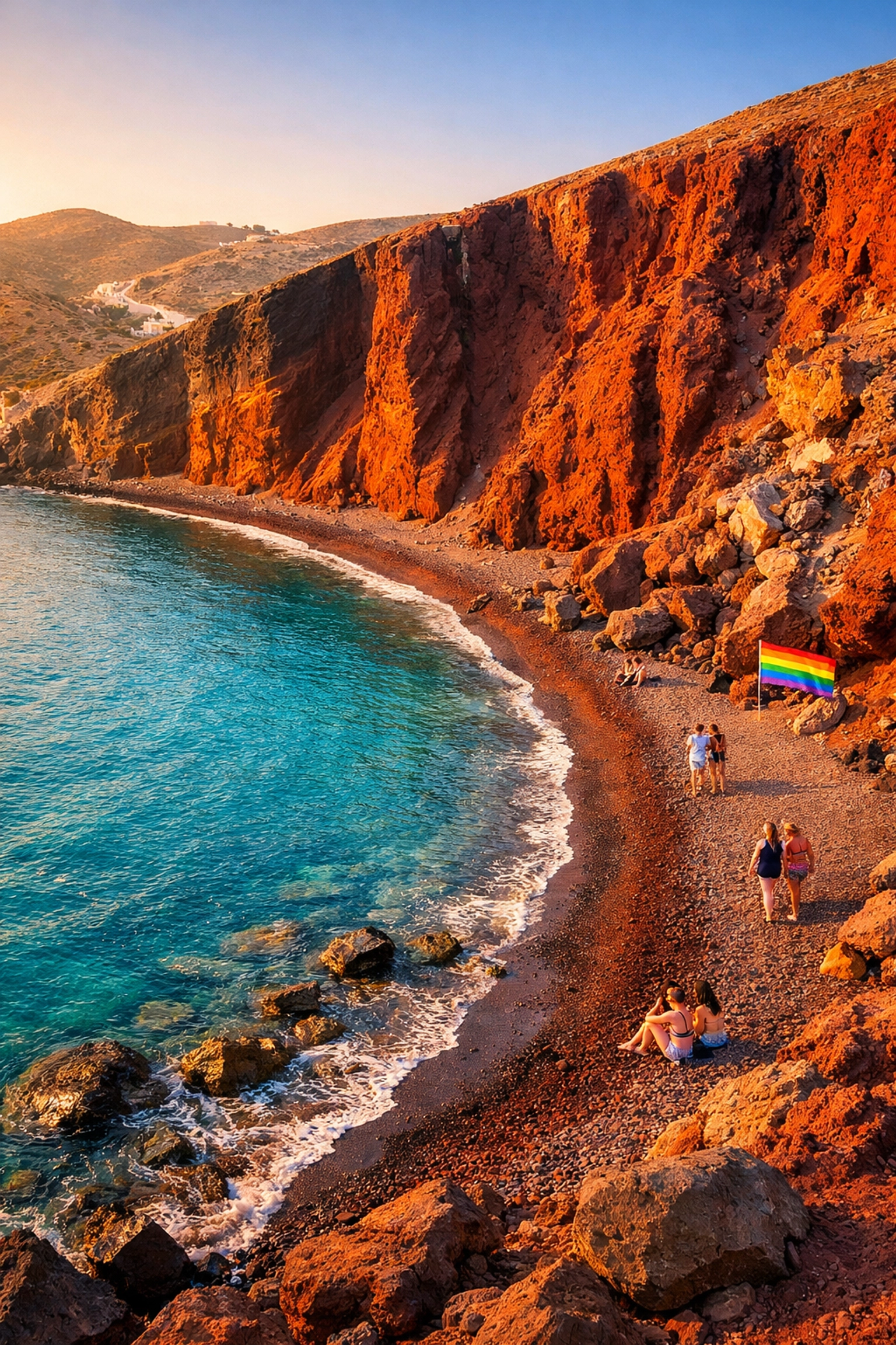 Aerial view of Red Beach Santorini showing crimson volcanic cliffs and turquoise Aegean waters