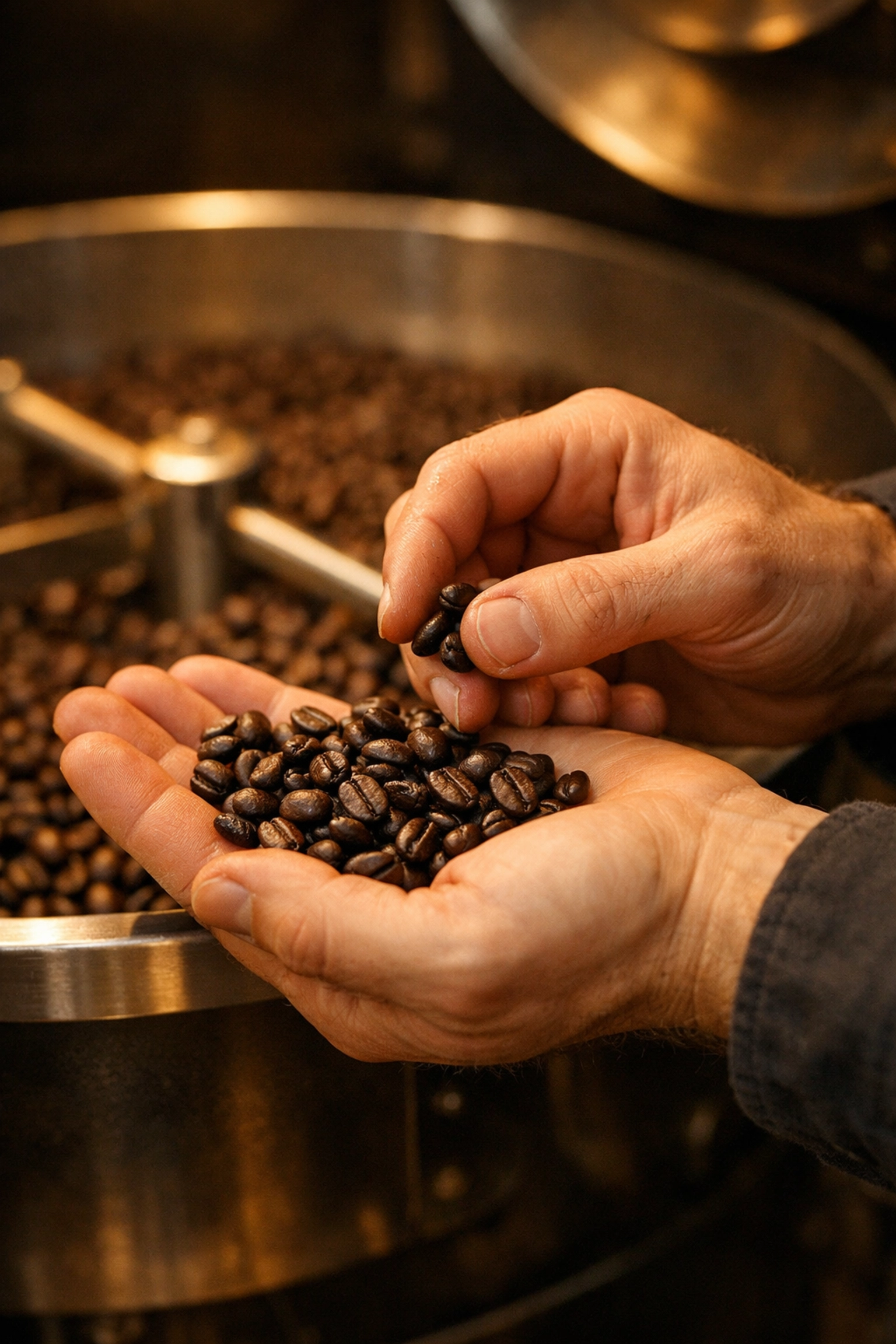 Coffee roaster carefully examining decaf beans during the roasting process