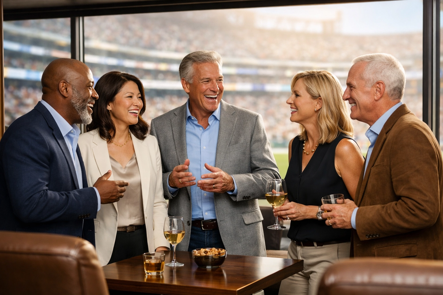 Business executives networking in a luxury Super Bowl stadium suite with field views.