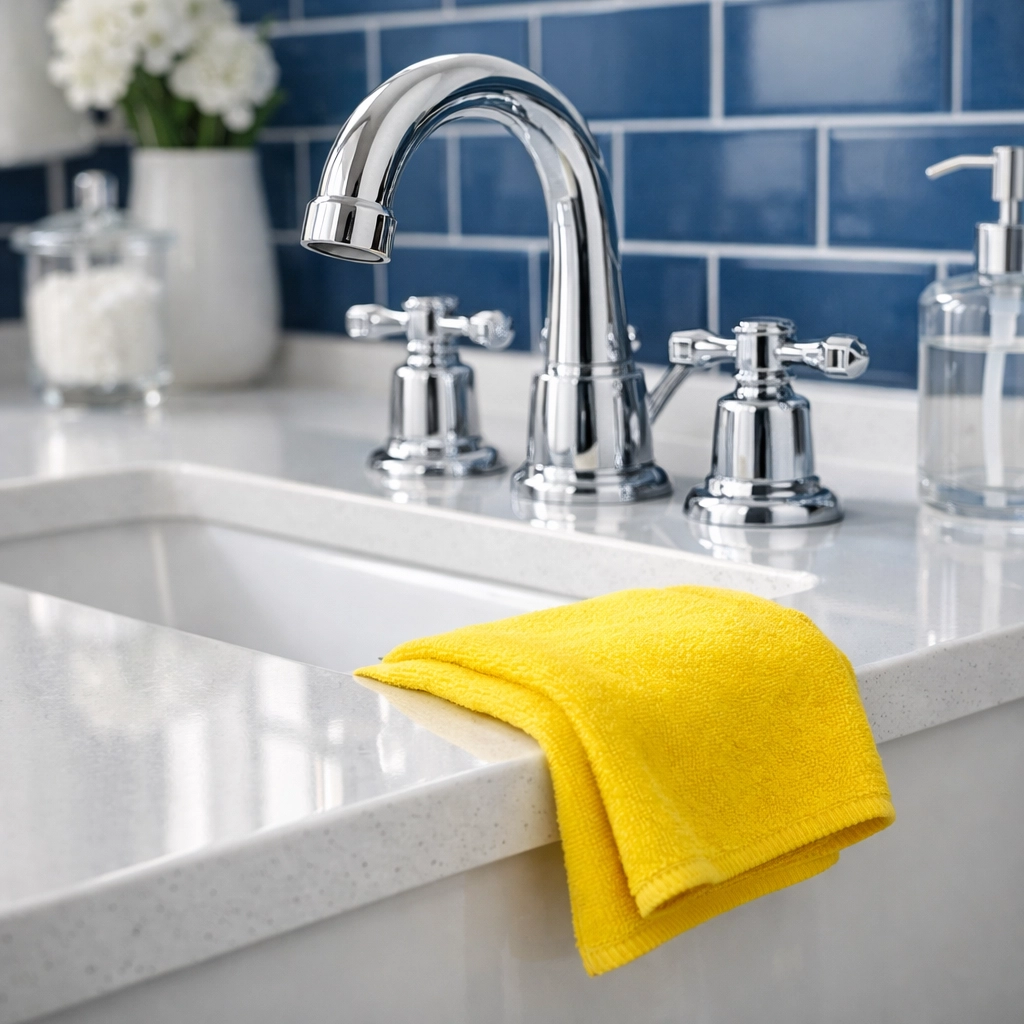 Spotless bathroom vanity showing the results of professional deep cleaning Worcester services.