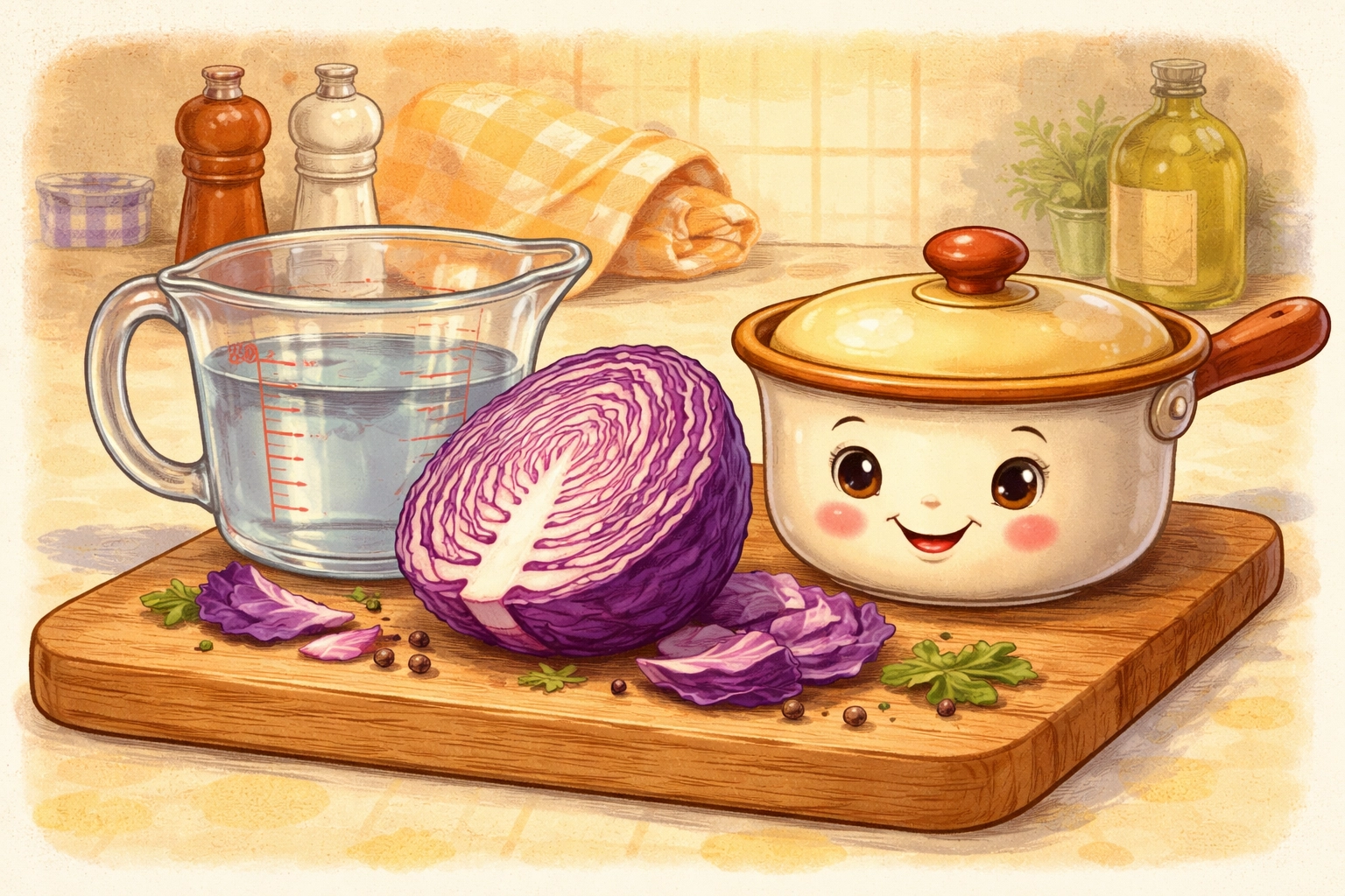 Retro illustration of red cabbage, measuring cup, and saucepan, showing ingredients for homemade soil pH test.