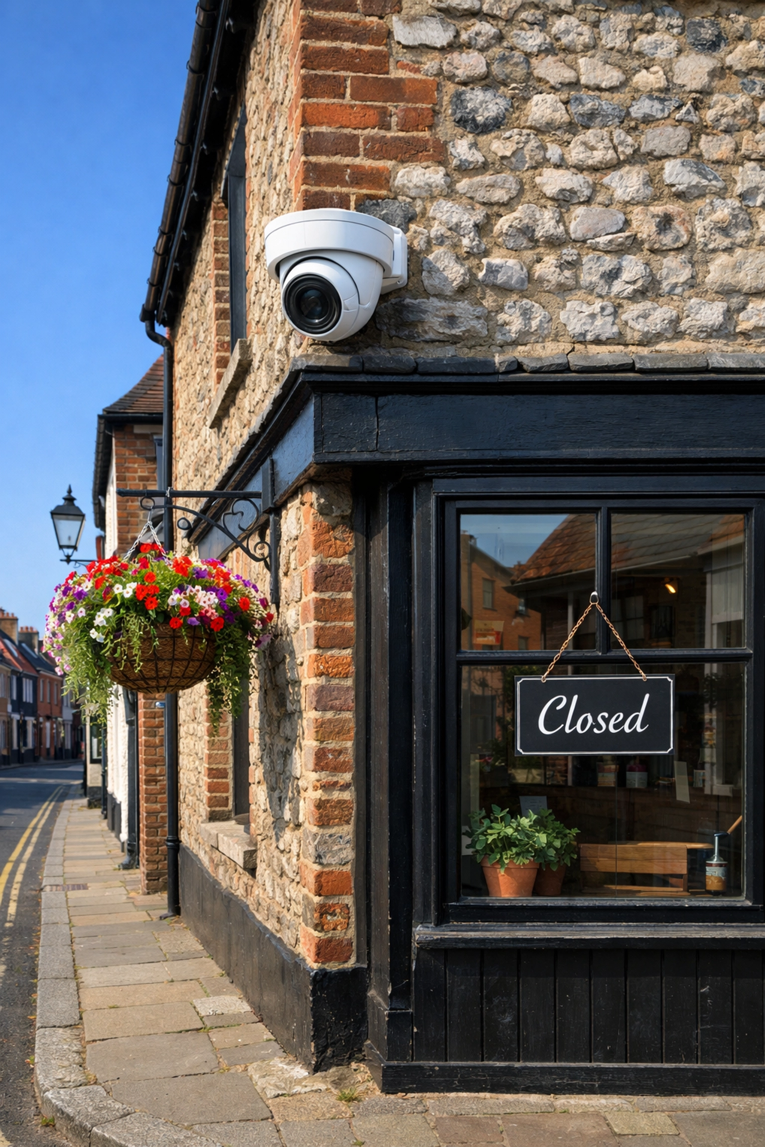 Professional turret CCTV camera mounted on a local Liss cafe to deter intruders and protect business premises.