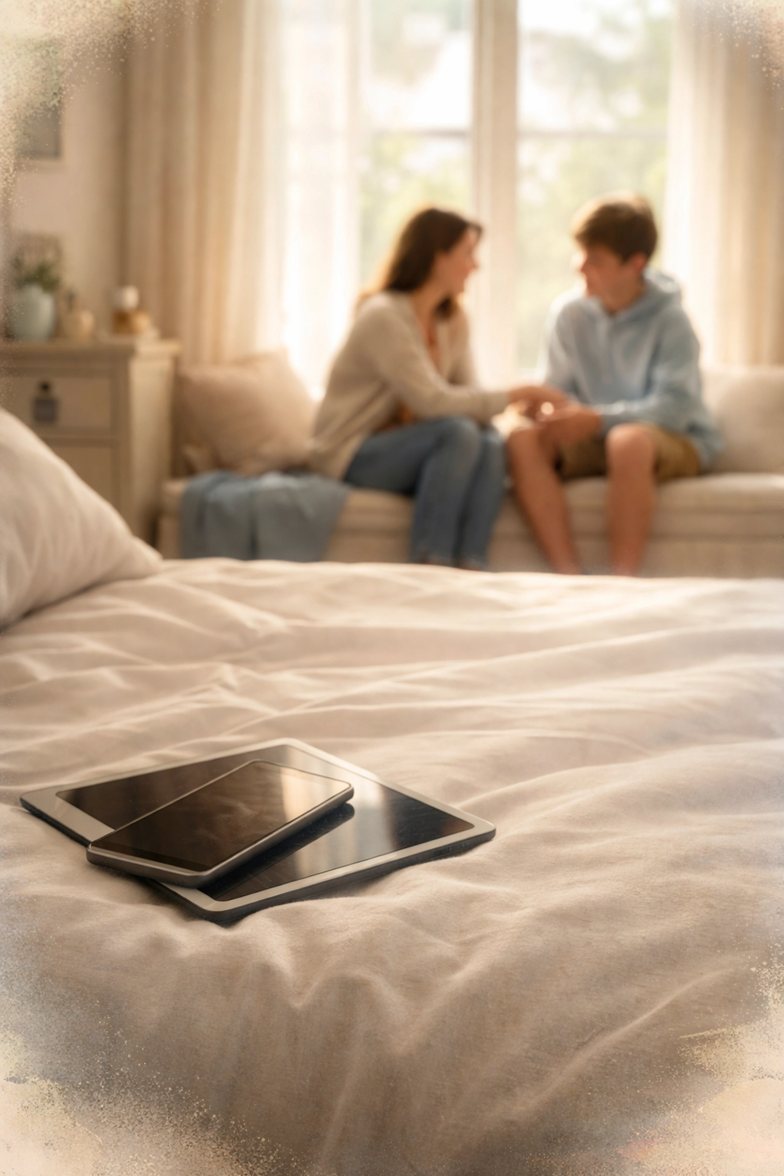 Parent and teenager having genuine conversation while devices sit unused emphasizing family connection