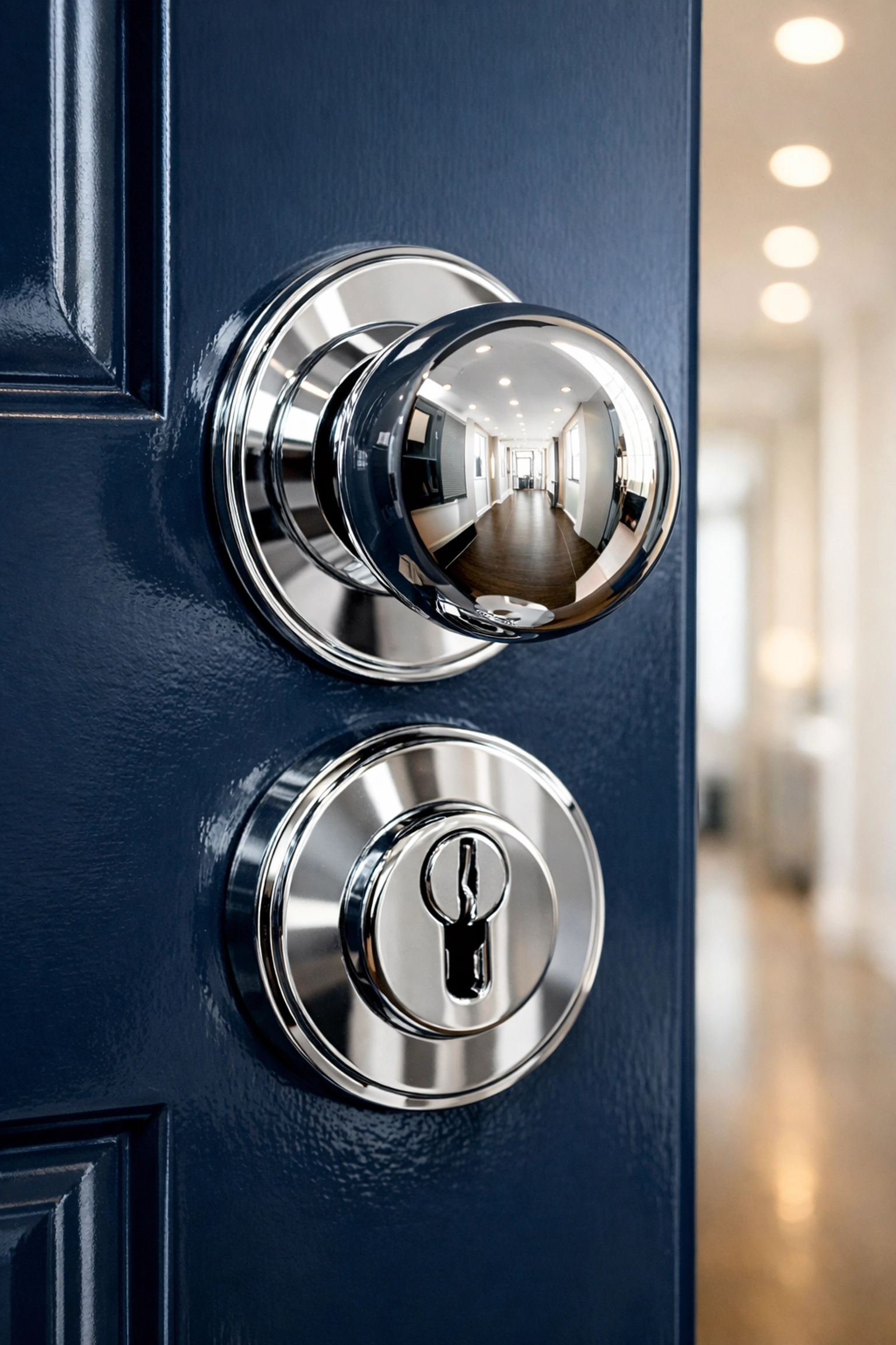 A sanitized chrome doorknob on a polished door during a thorough Boston apartment turnover cleaning service.