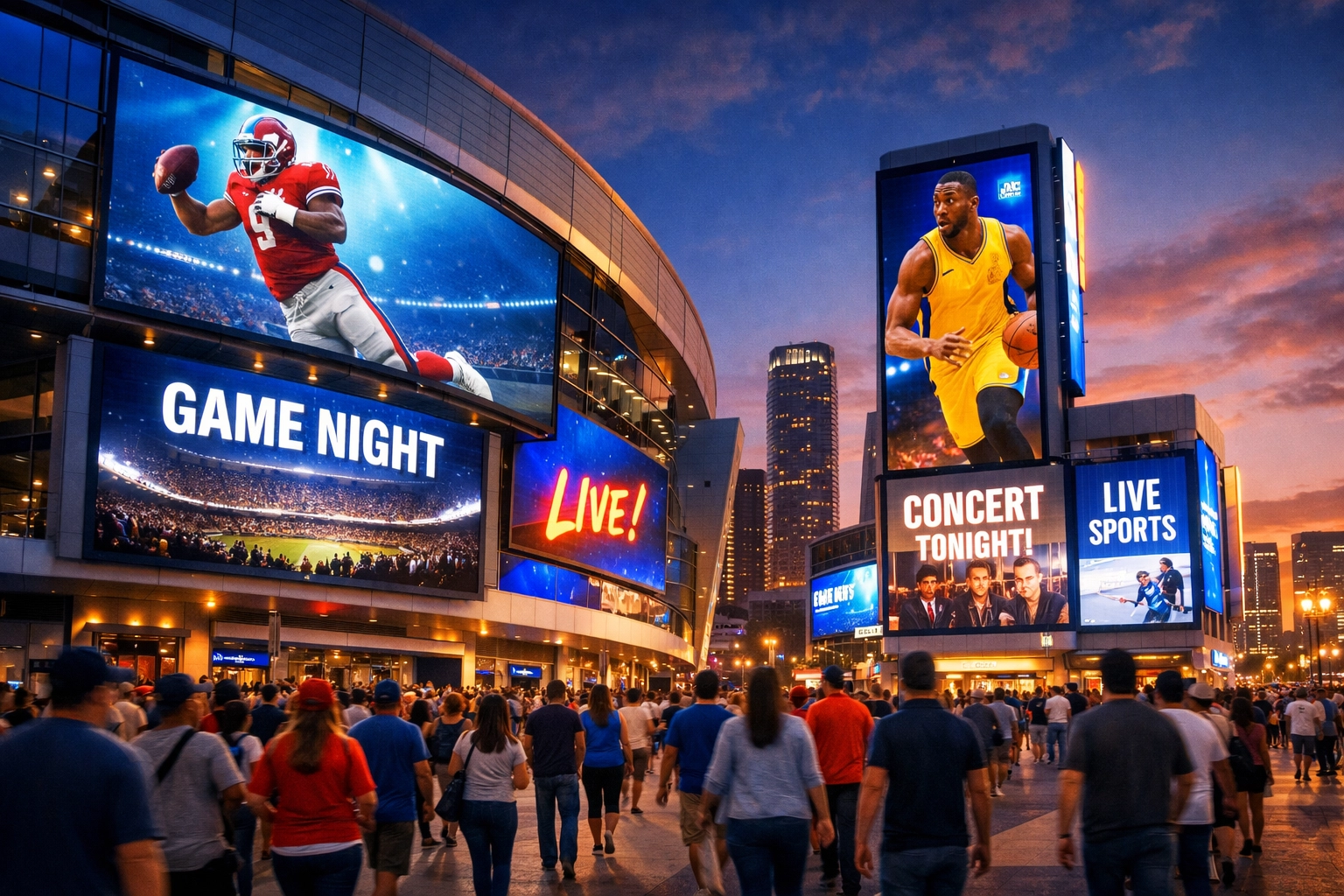 Digital out-of-home screens at a sports stadium displaying national advertising campaigns to fans at dusk.