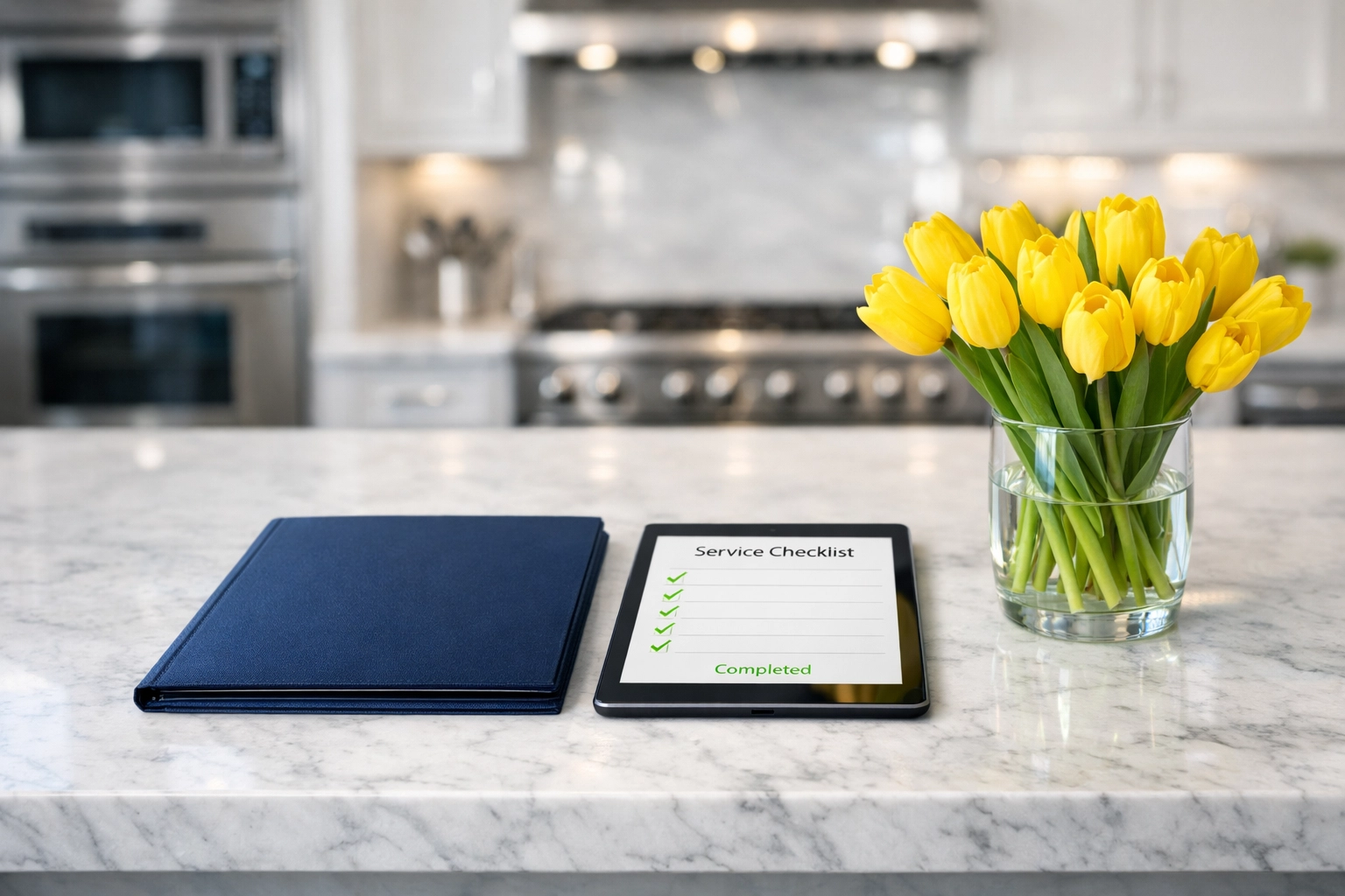 Digital cleaning checklist on a marble kitchen island showing transparent bi-weekly cleaning service communication.