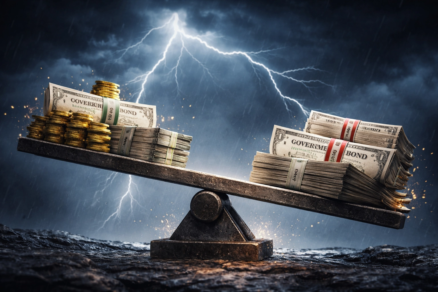 Seesaw with gold coins and bonds under a stormy sky showing portfolio risk during market correlation shifts