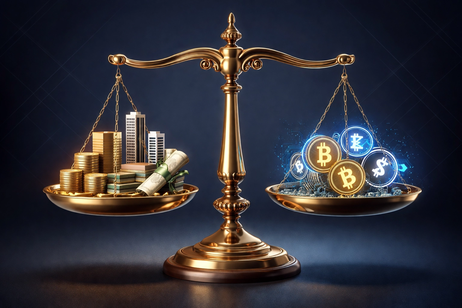 Balanced scale with traditional and digital assets representing portfolio risk management