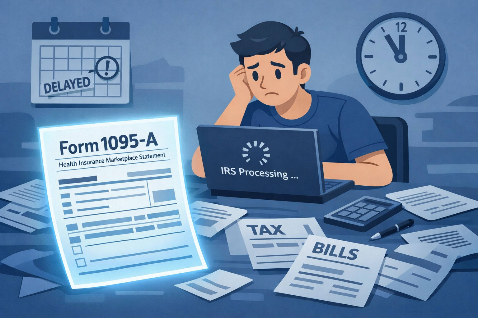 Taxpayer reviewing Form 1095-A health insurance documents with scattered tax forms causing refund delays